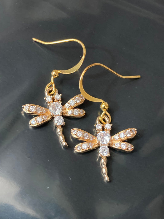 Clear Crystal diamanté insect dragonfly earrings gold tone