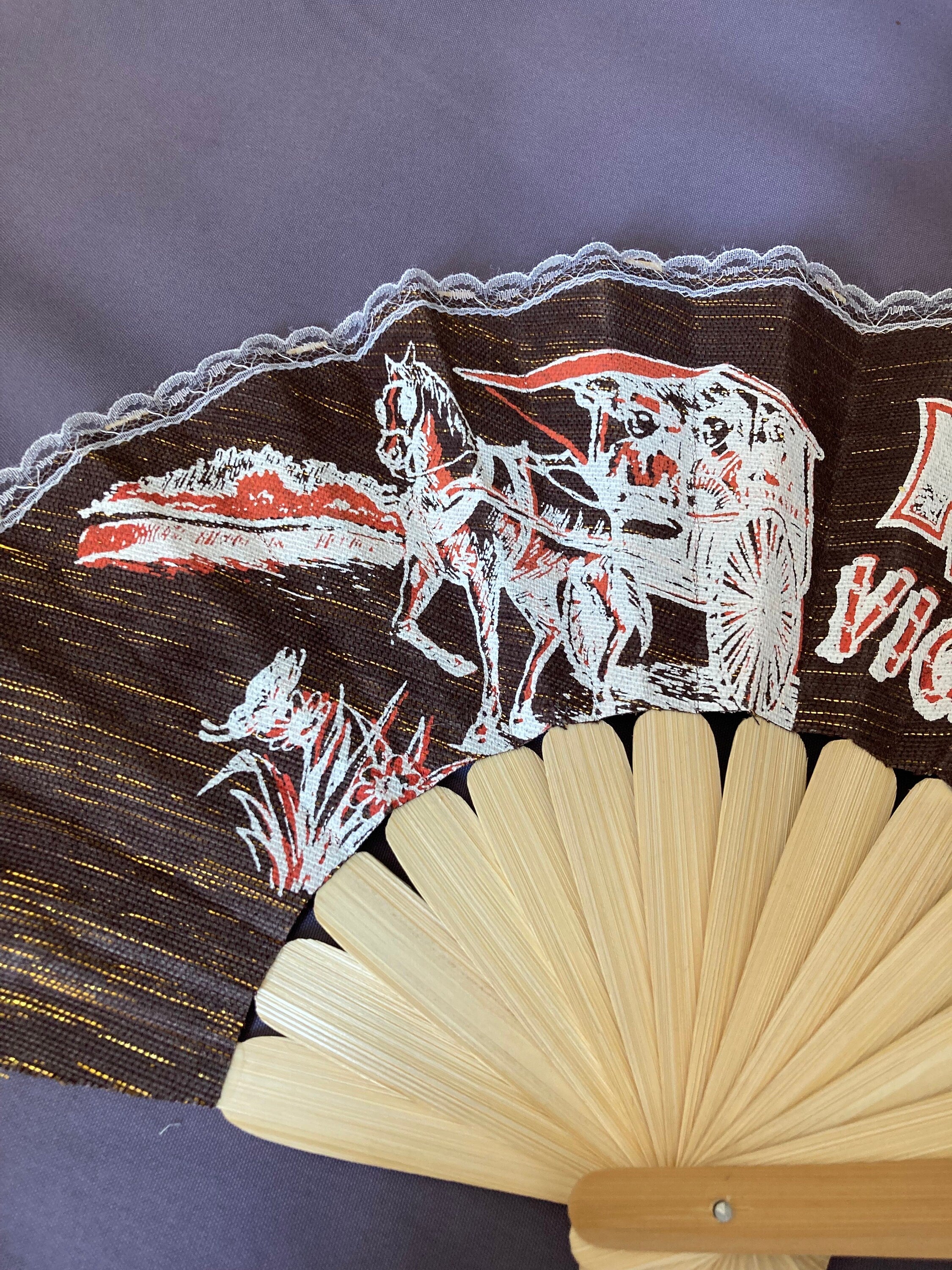 Vintage souvenir of Philippines vigan city fabric and lace Ladies Hand Held Fan brown wooden