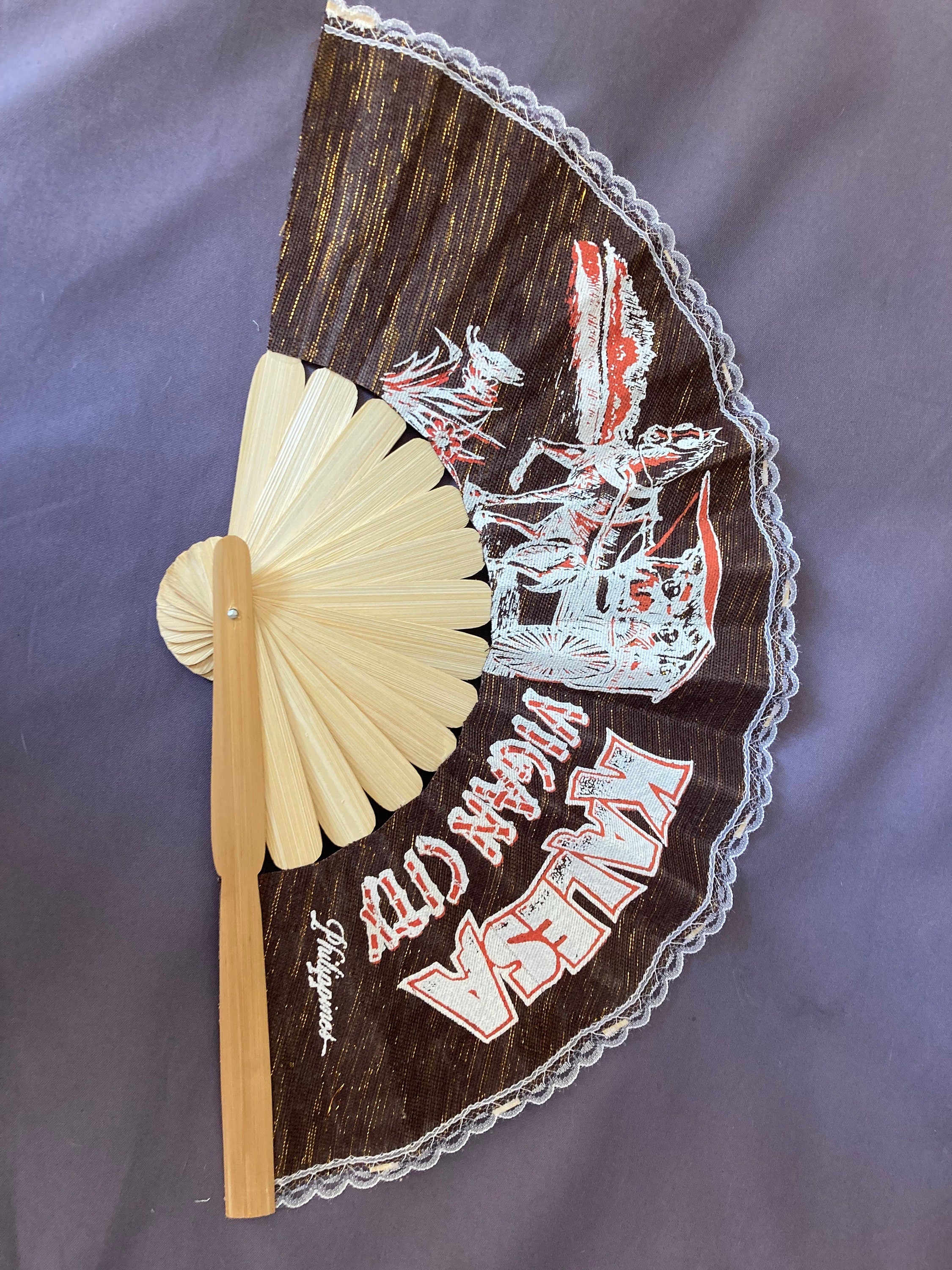 Vintage souvenir of Philippines vigan city fabric and lace Ladies Hand Held Fan brown wooden