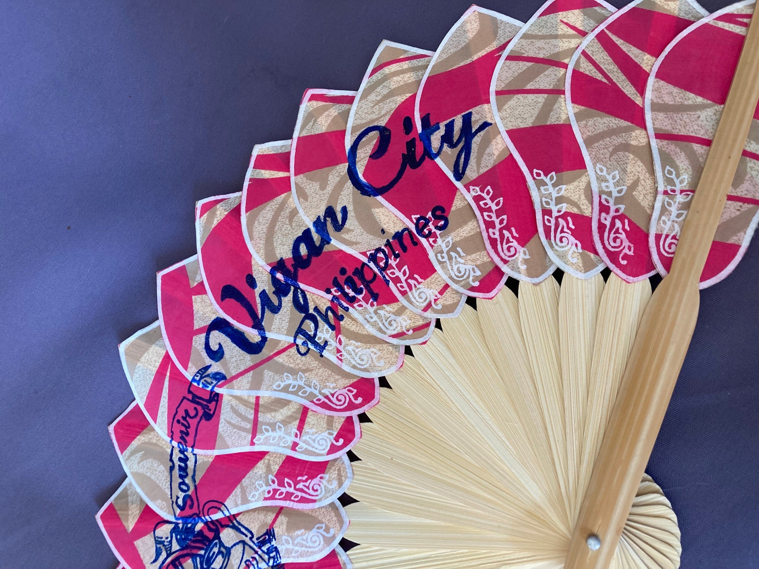 Vintage souvenir of Philippines vigan city bright pink fabric Ladies Hand Held Fan wooden