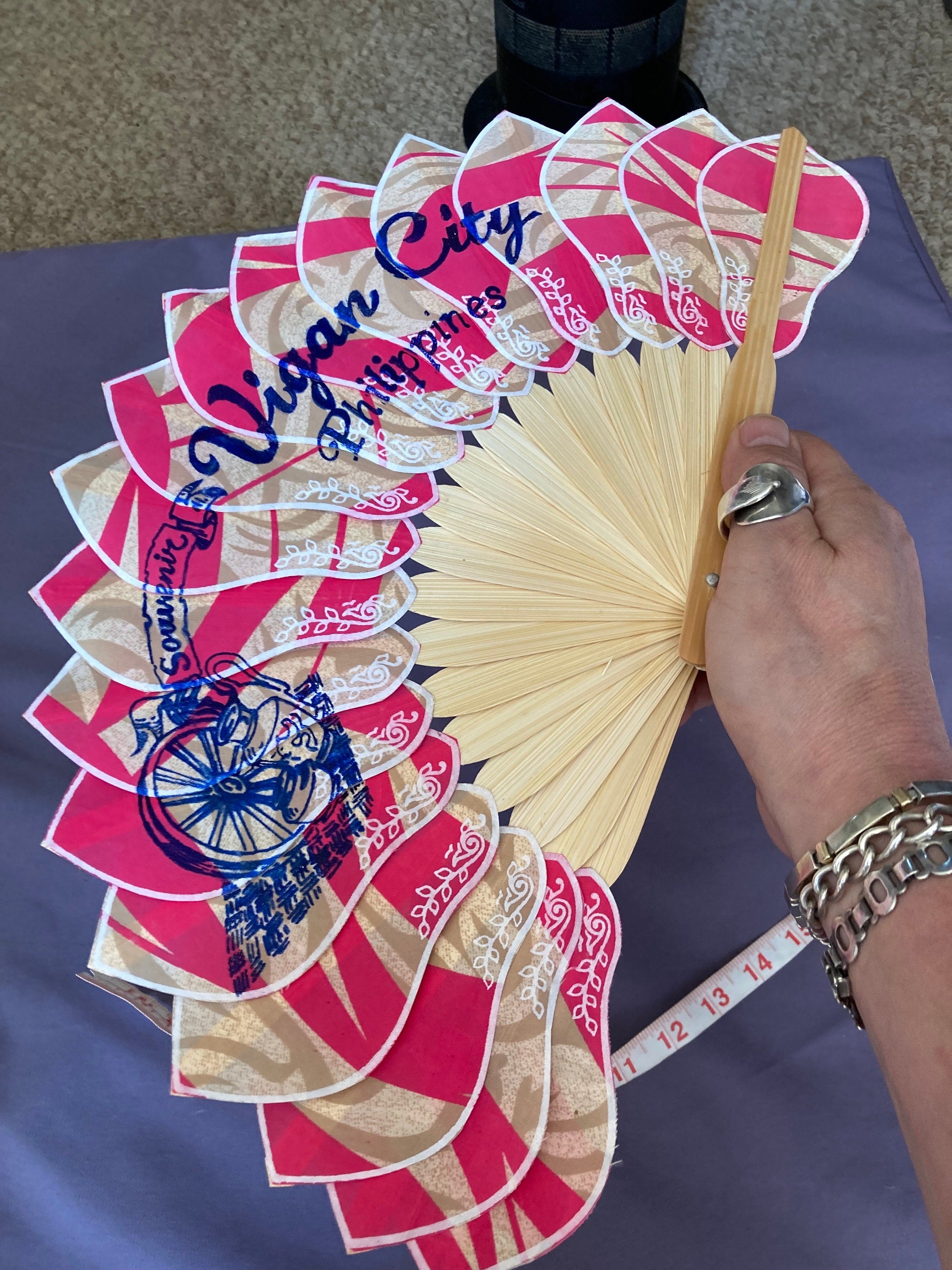 Vintage souvenir of Philippines vigan city bright pink fabric Ladies Hand Held Fan wooden