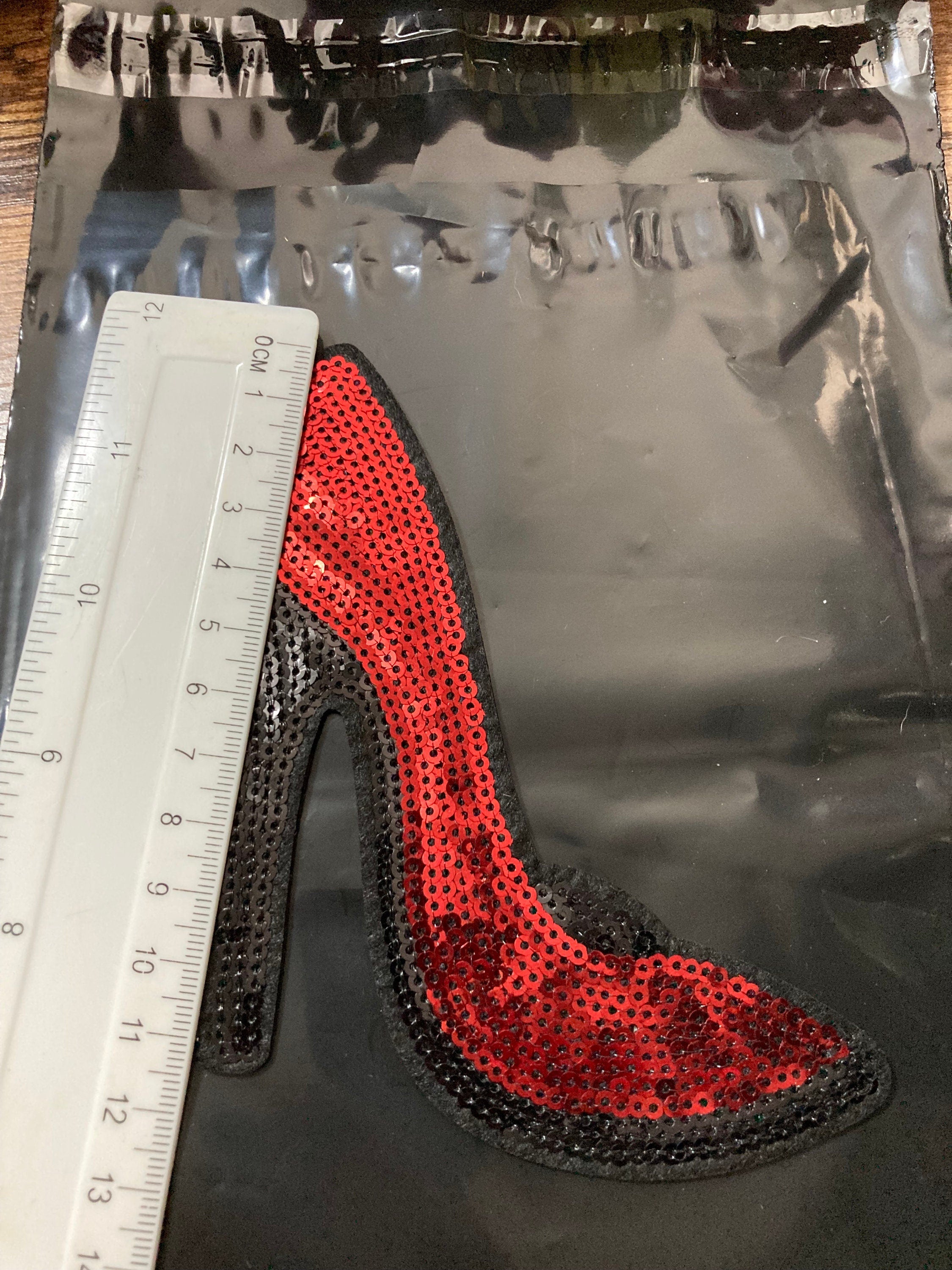 Large iron on red black high heeled shoe sequin patch 15 x 13 sewing applique