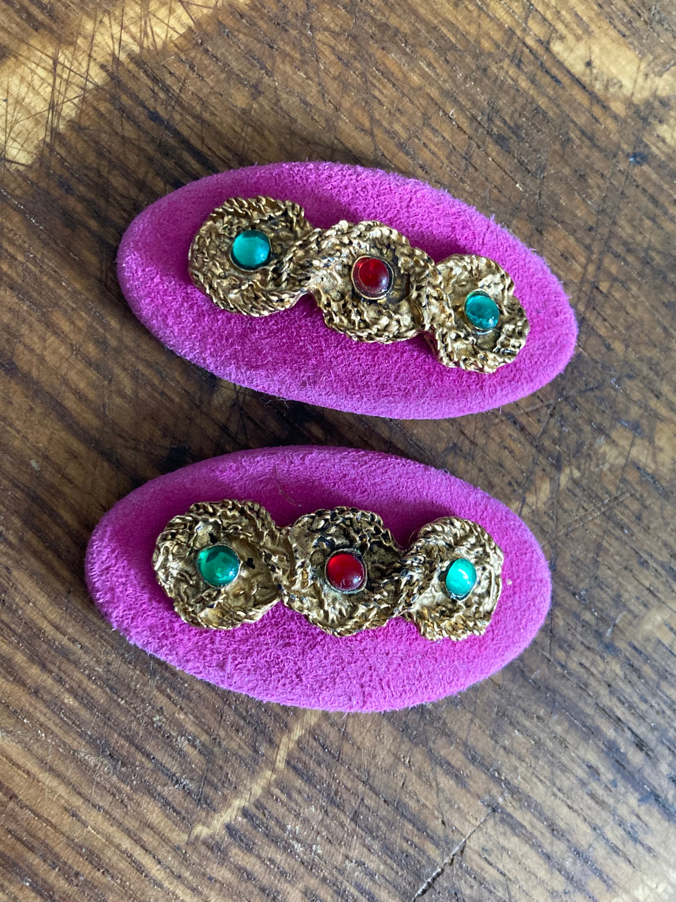 Vintage High end pair of bright pink suede leather gripoix green red beaded gold braided shoe clips