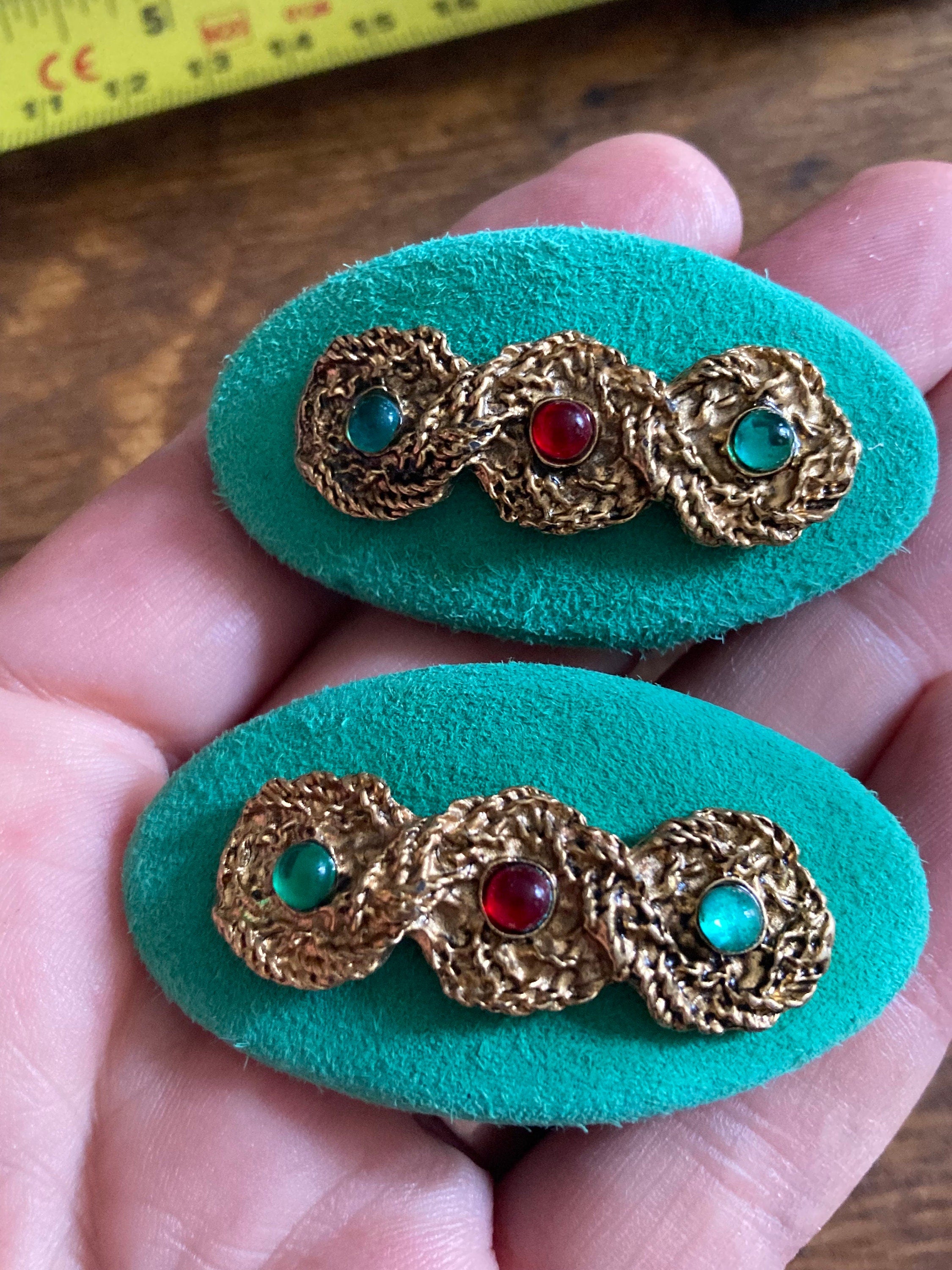 Vintage High end pair of green suede leather gripoix red beaded gold braided shoe clips