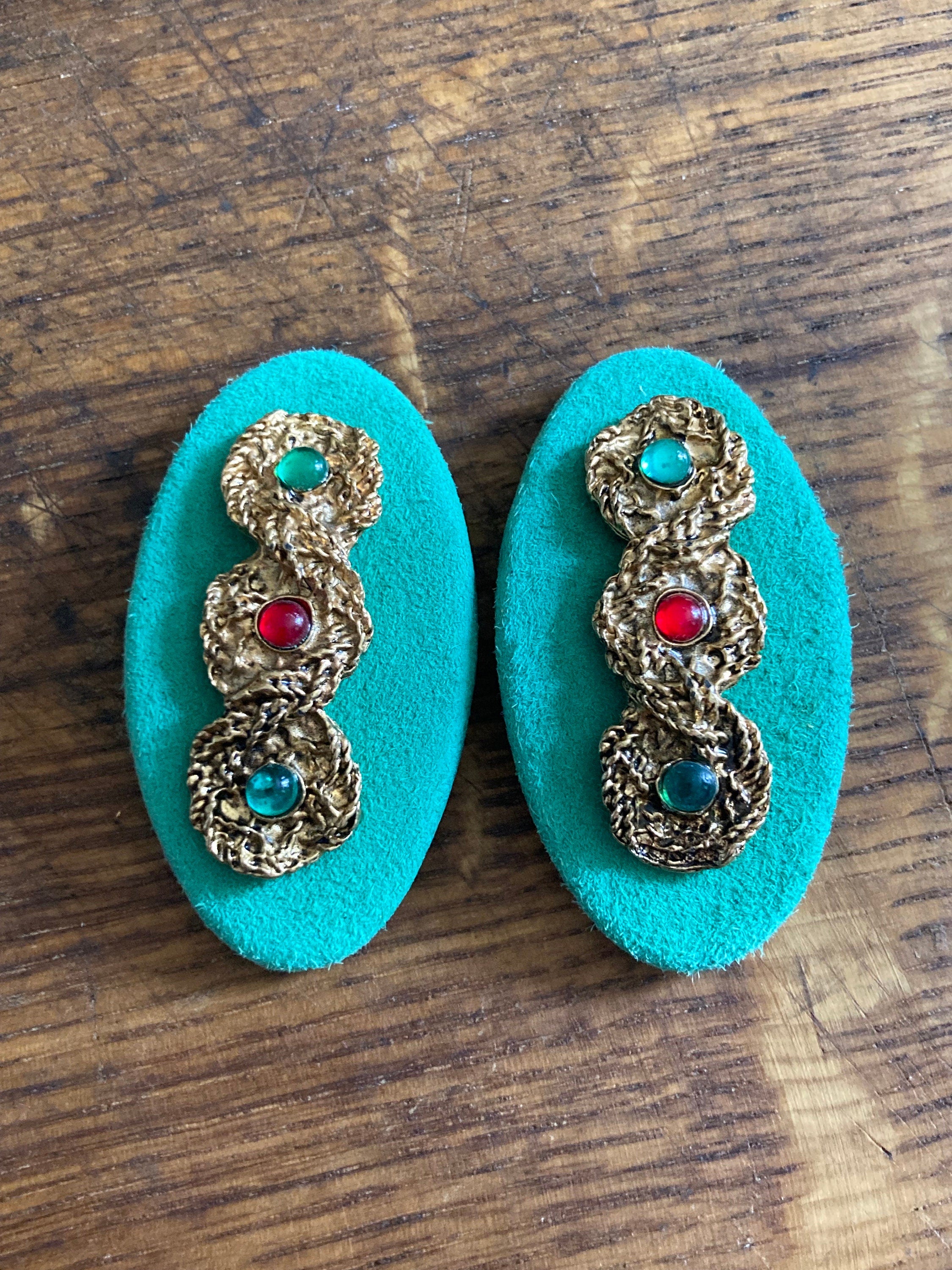 Vintage High end pair of green suede leather gripoix red beaded gold braided shoe clips