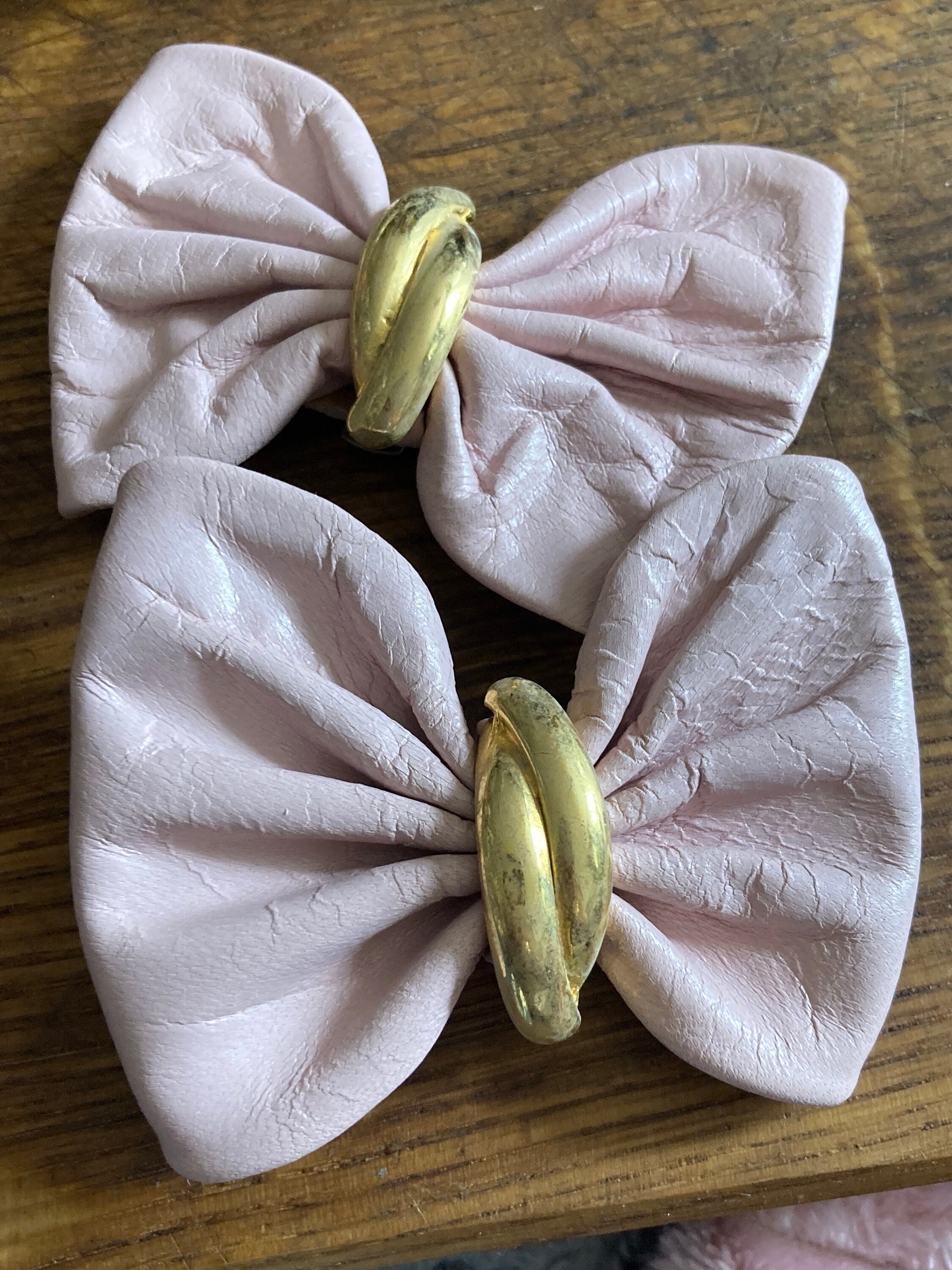 Vintage pair of soft pink leather BOW shoe clips with gold detail