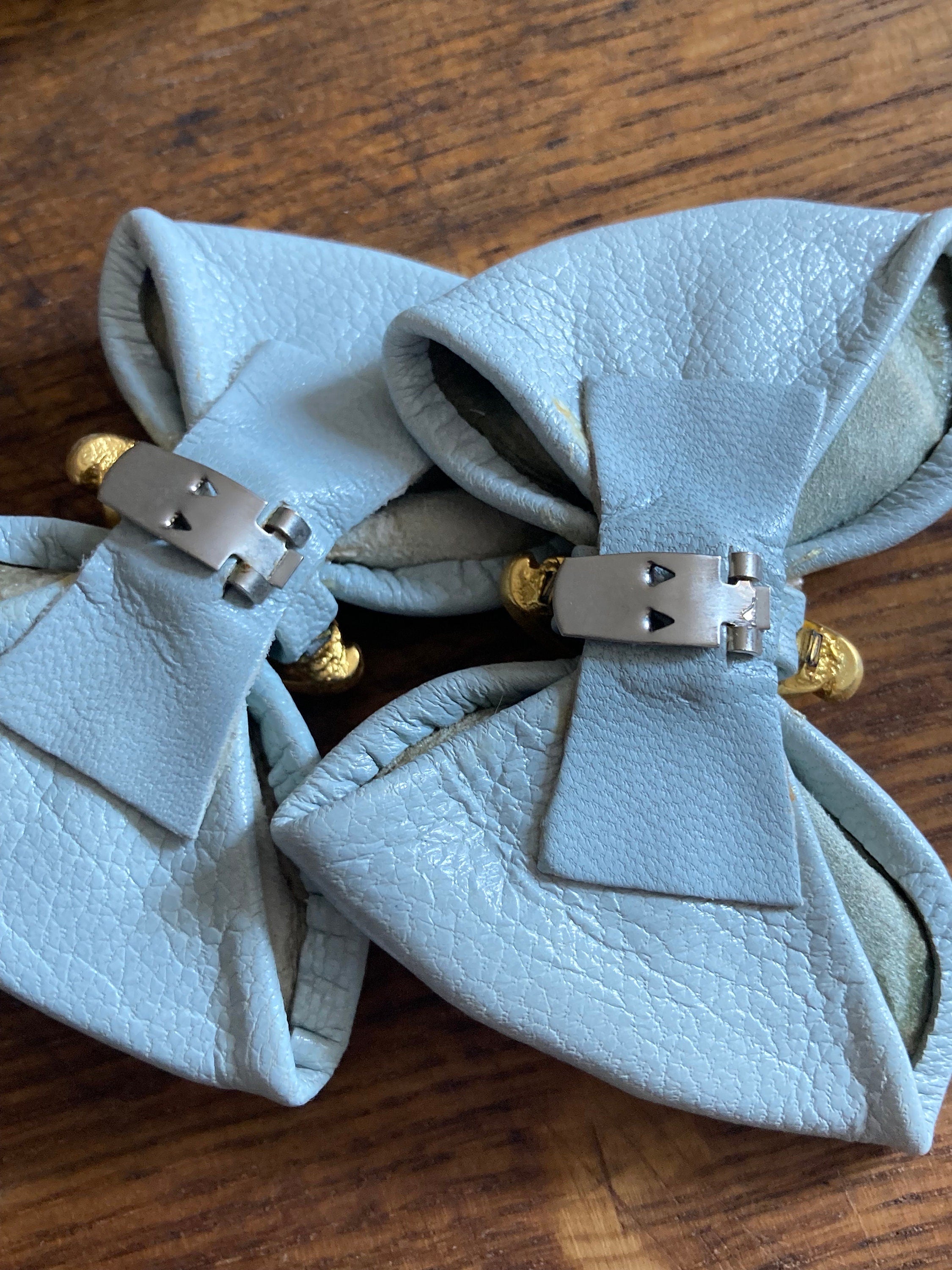 Vintage pair of duck egg blue light grey leather BOW shoe clips with gold detail