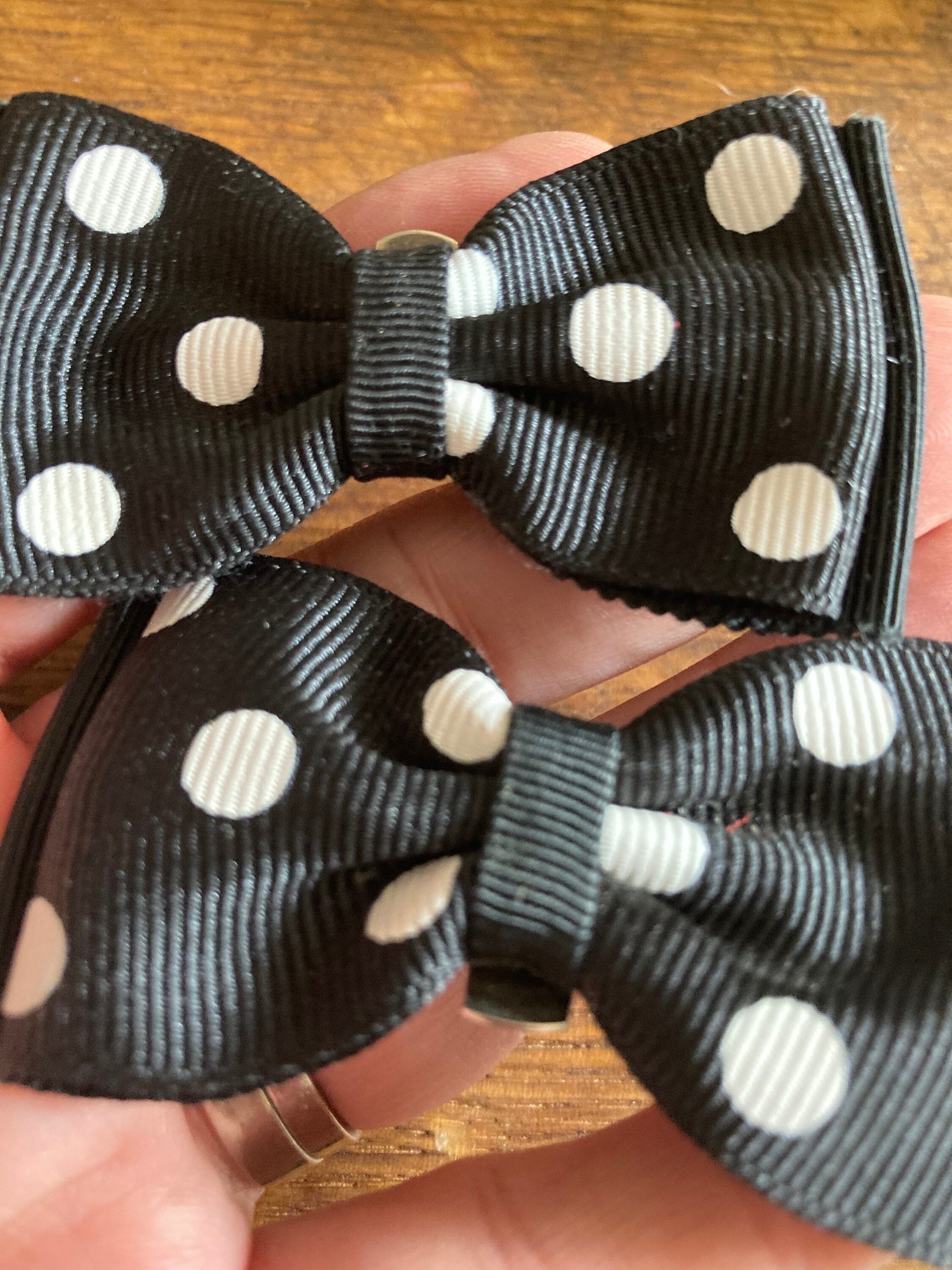 pair of Black and white monochrome GROSGRAIN ribbon polka dot spotty BOW shoe clips