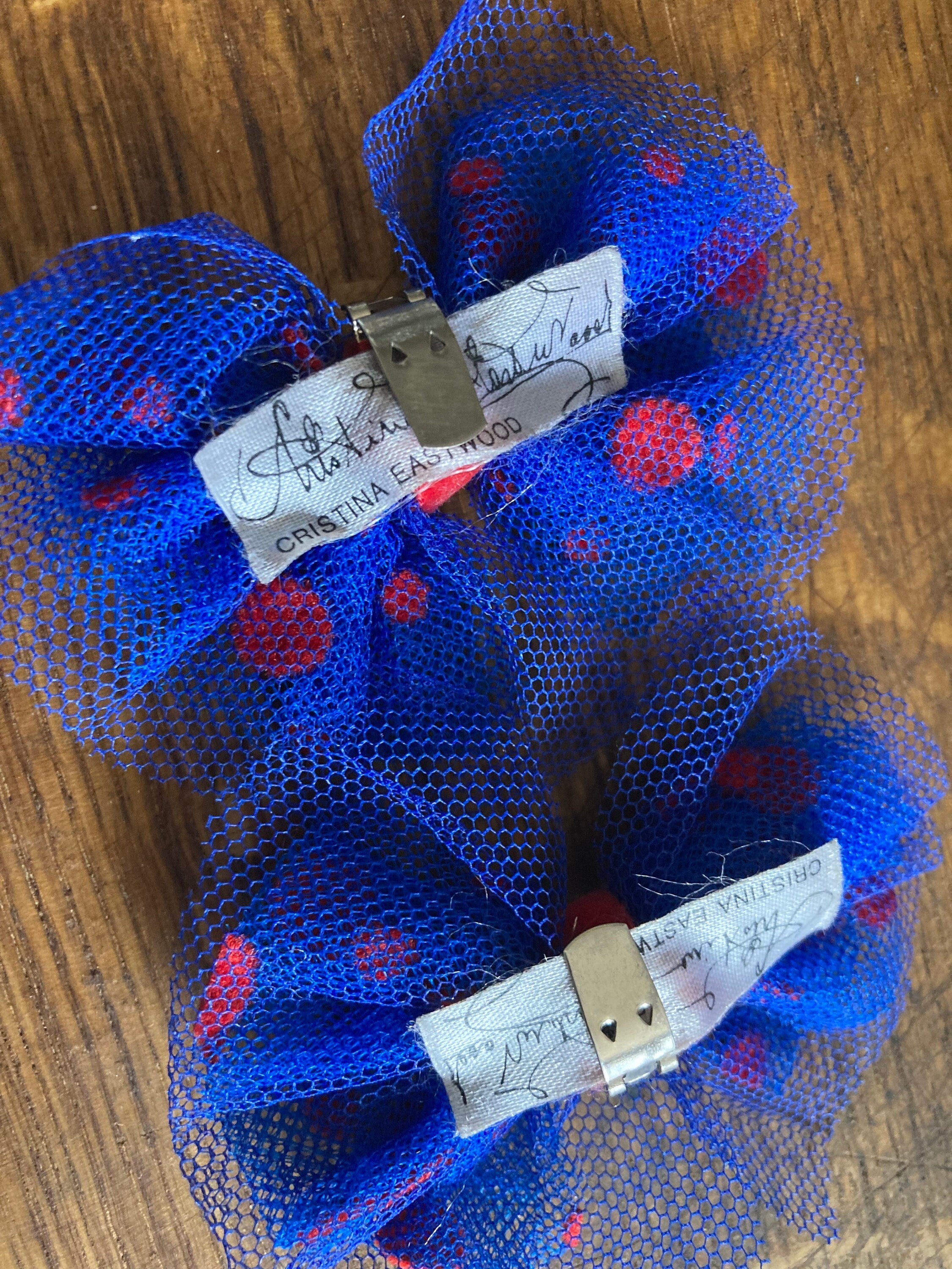 Signed pair of  blue and red netting polka dot spotty BOW shoe clips Christina Eastwood