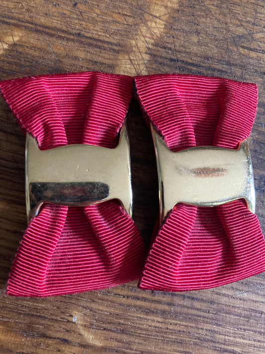 Vintage pair of bright red and gold GROSGRAIN ribbon BOW shoe clips