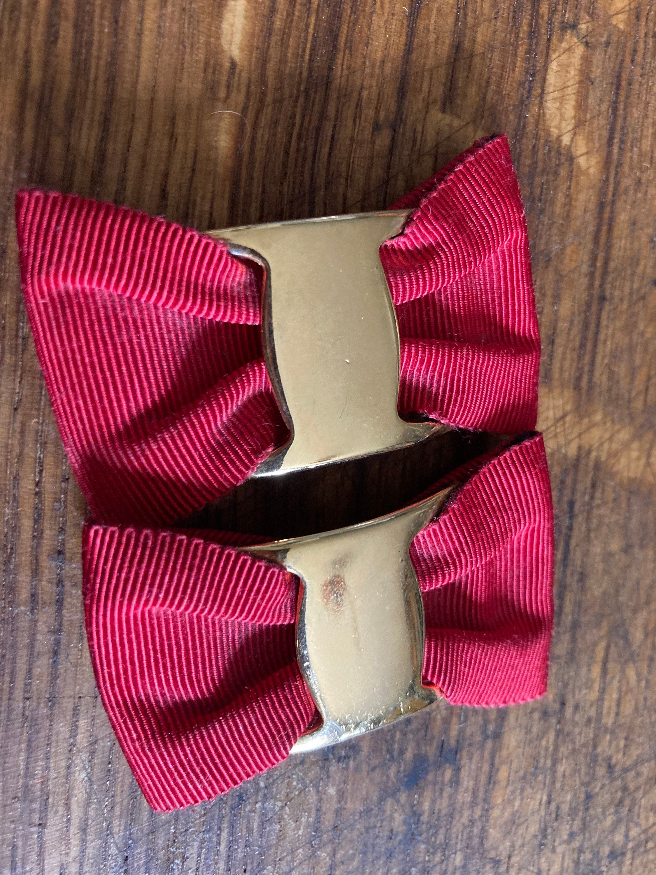 Vintage pair of bright red and gold GROSGRAIN ribbon BOW shoe clips