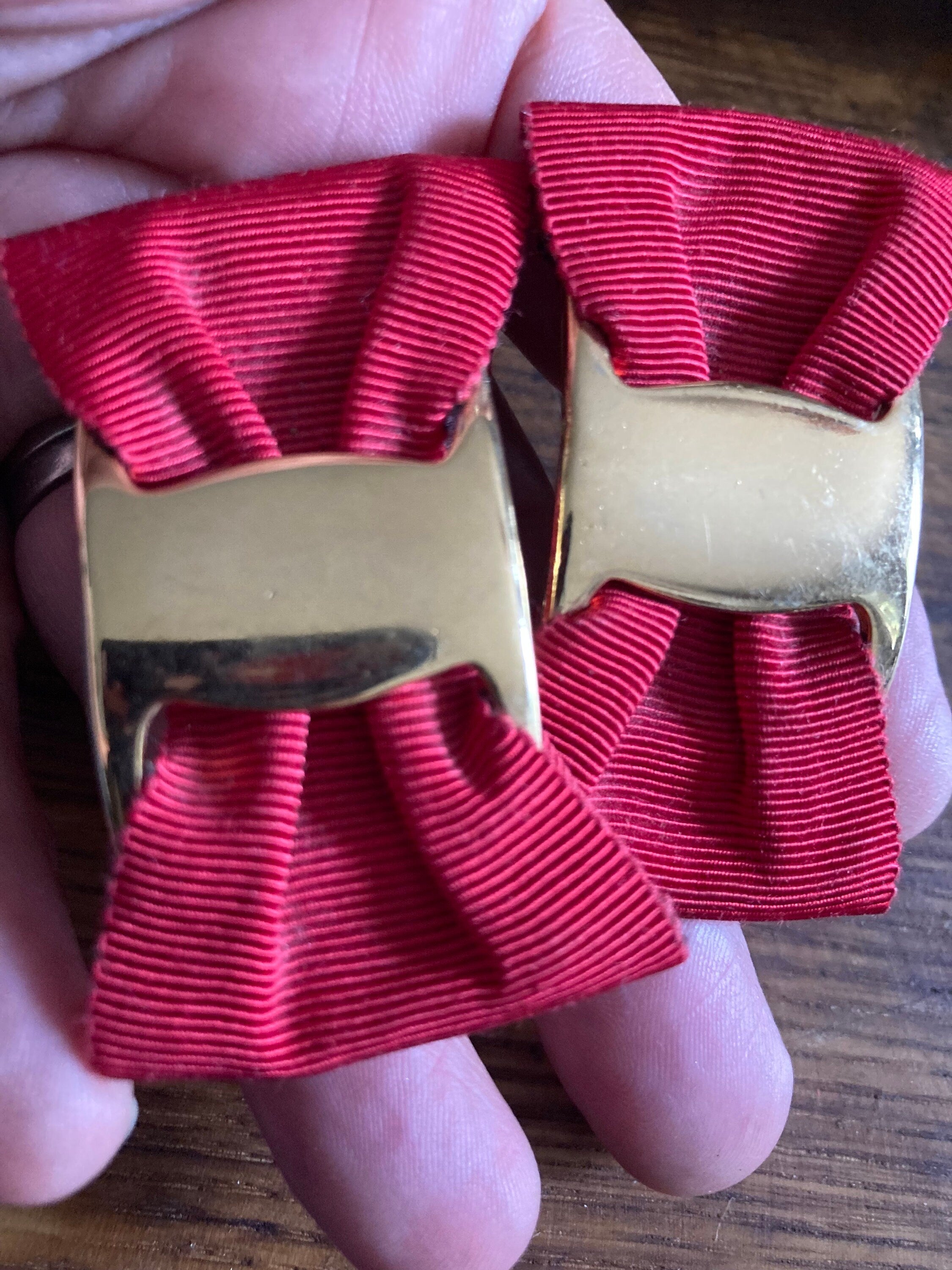 Vintage pair of bright red and gold GROSGRAIN ribbon BOW shoe clips