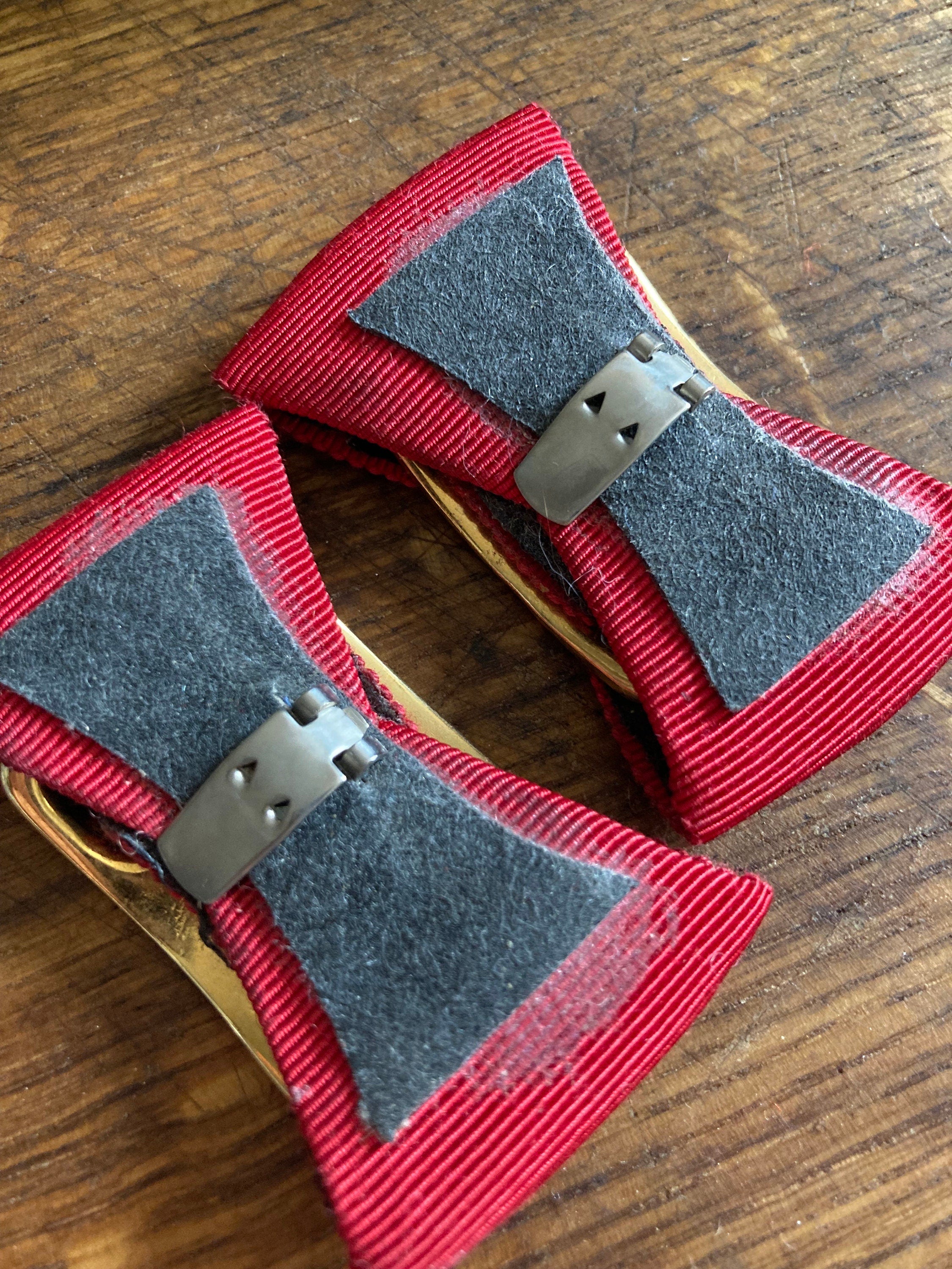 Vintage pair of bright red and gold GROSGRAIN ribbon BOW shoe clips