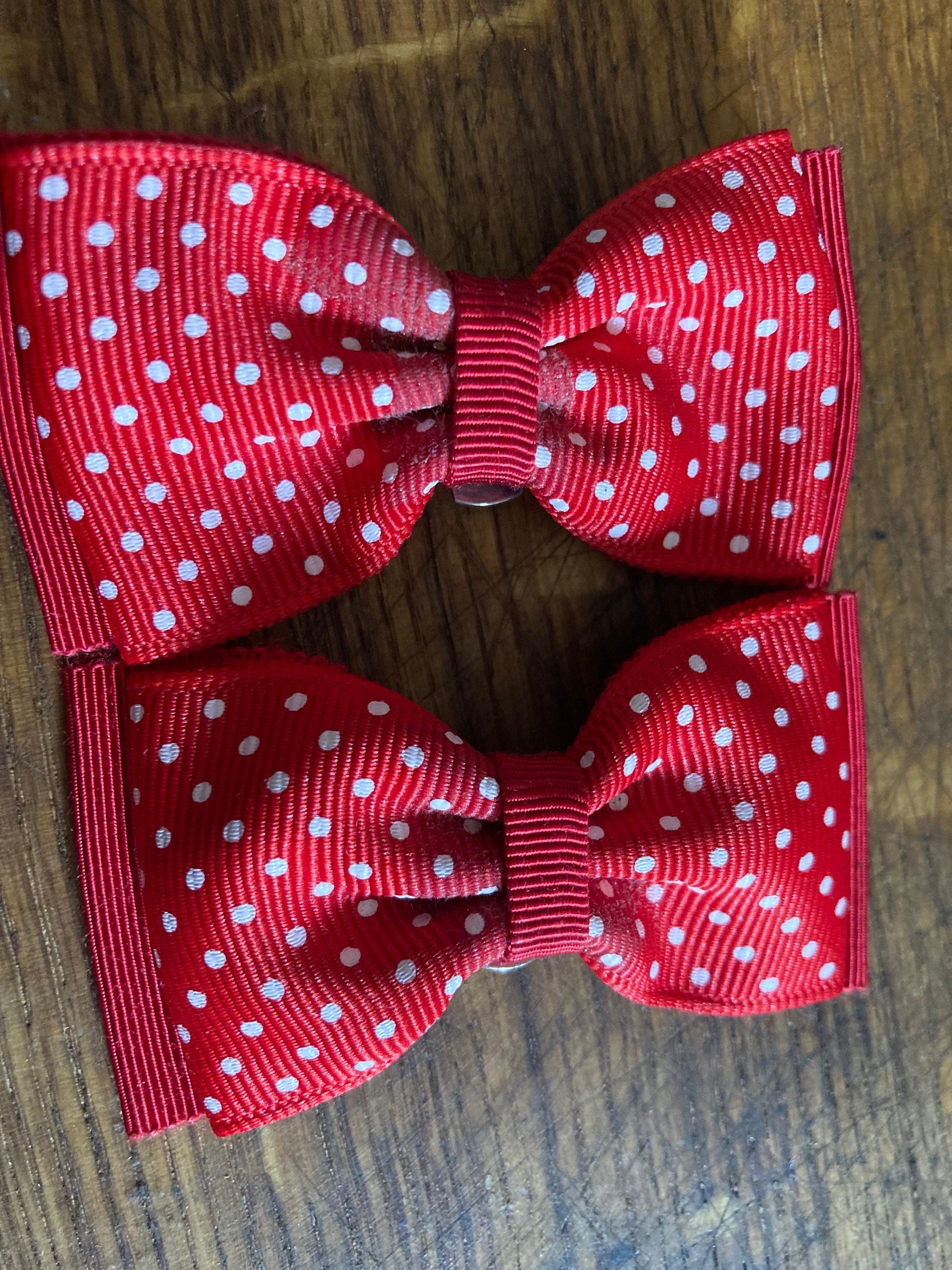 Vintage pair of bright red and white polka dot spotty GROSGRAIN ribbon BOW shoe clips