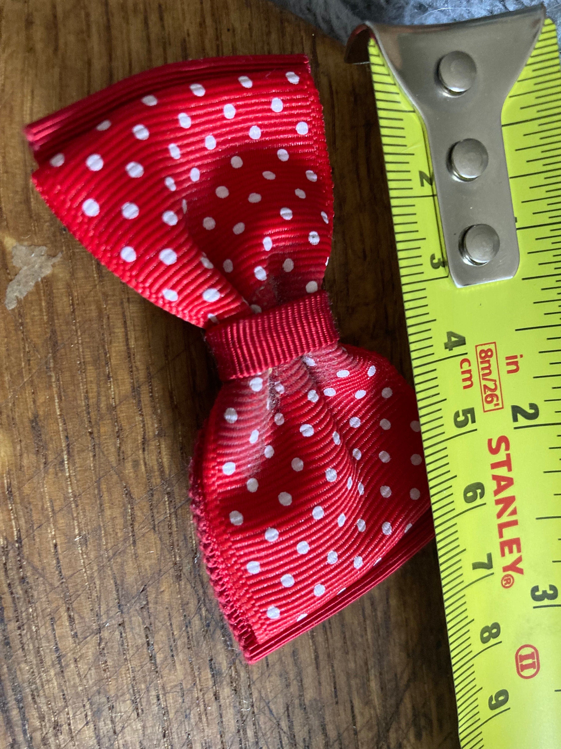 Vintage pair of bright red and white polka dot spotty GROSGRAIN ribbon BOW shoe clips