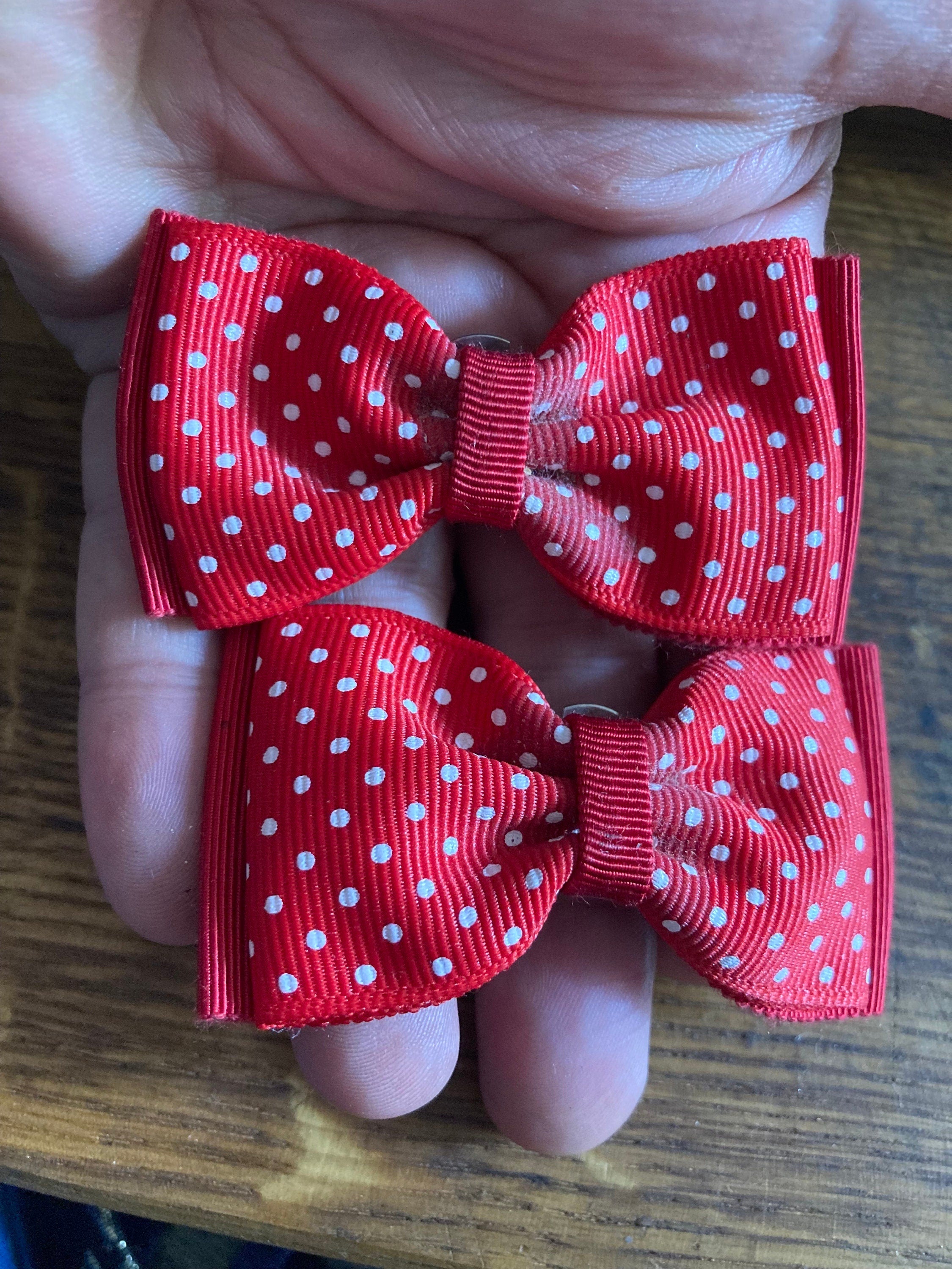 Vintage pair of bright red and white polka dot spotty GROSGRAIN ribbon BOW shoe clips