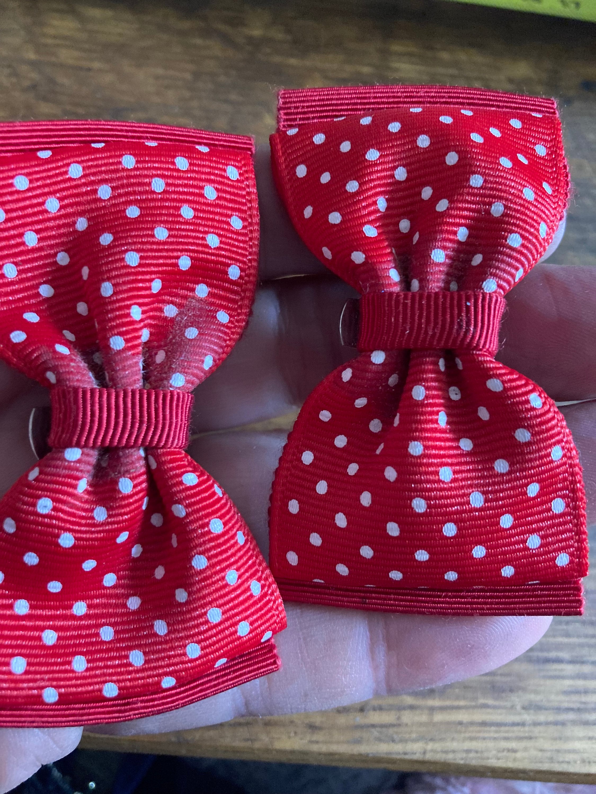 Vintage pair of bright red and white polka dot spotty GROSGRAIN ribbon BOW shoe clips