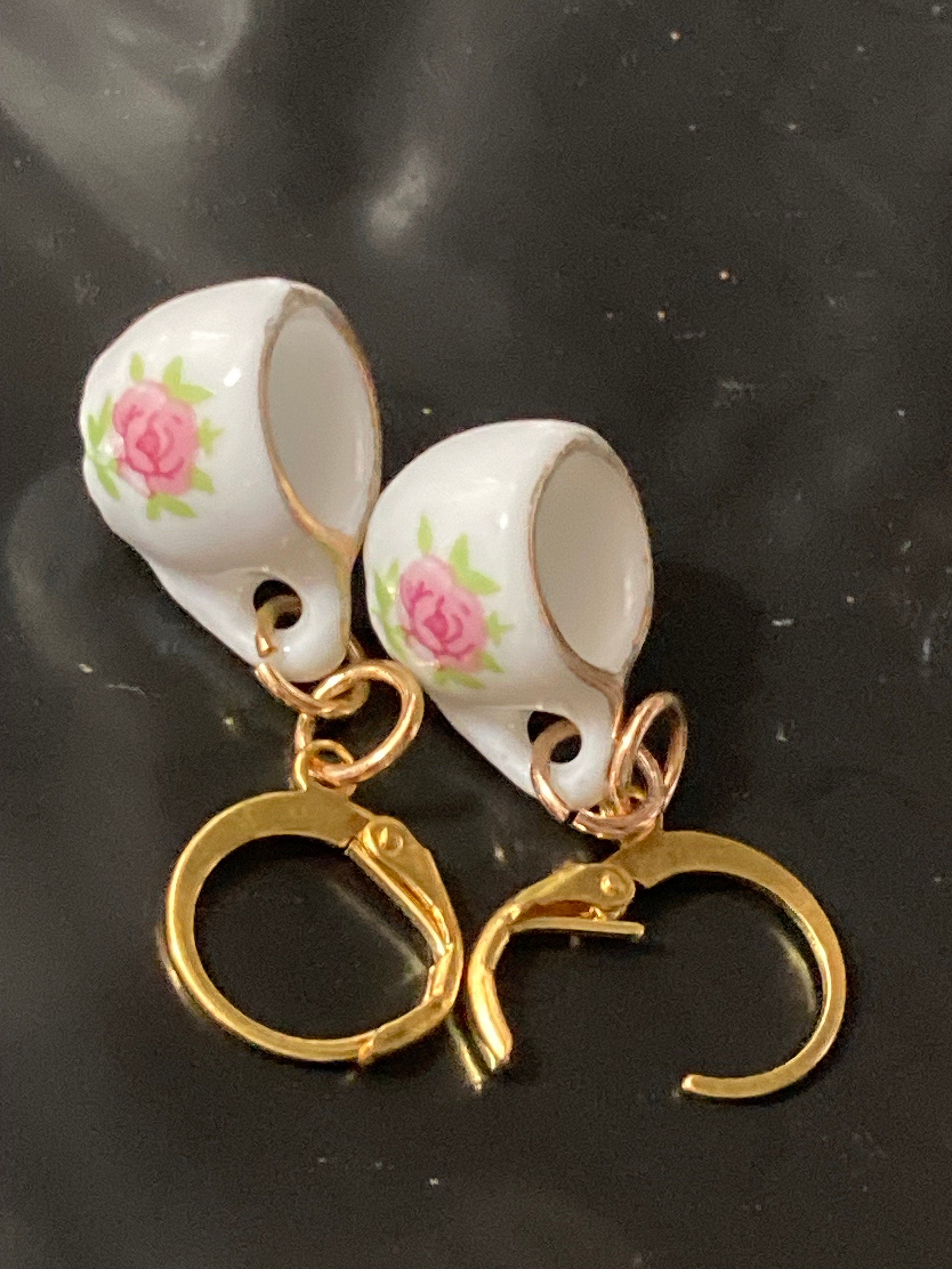 White ceramic pink floral tea Cup earrings vintage tea party gold tone lever back