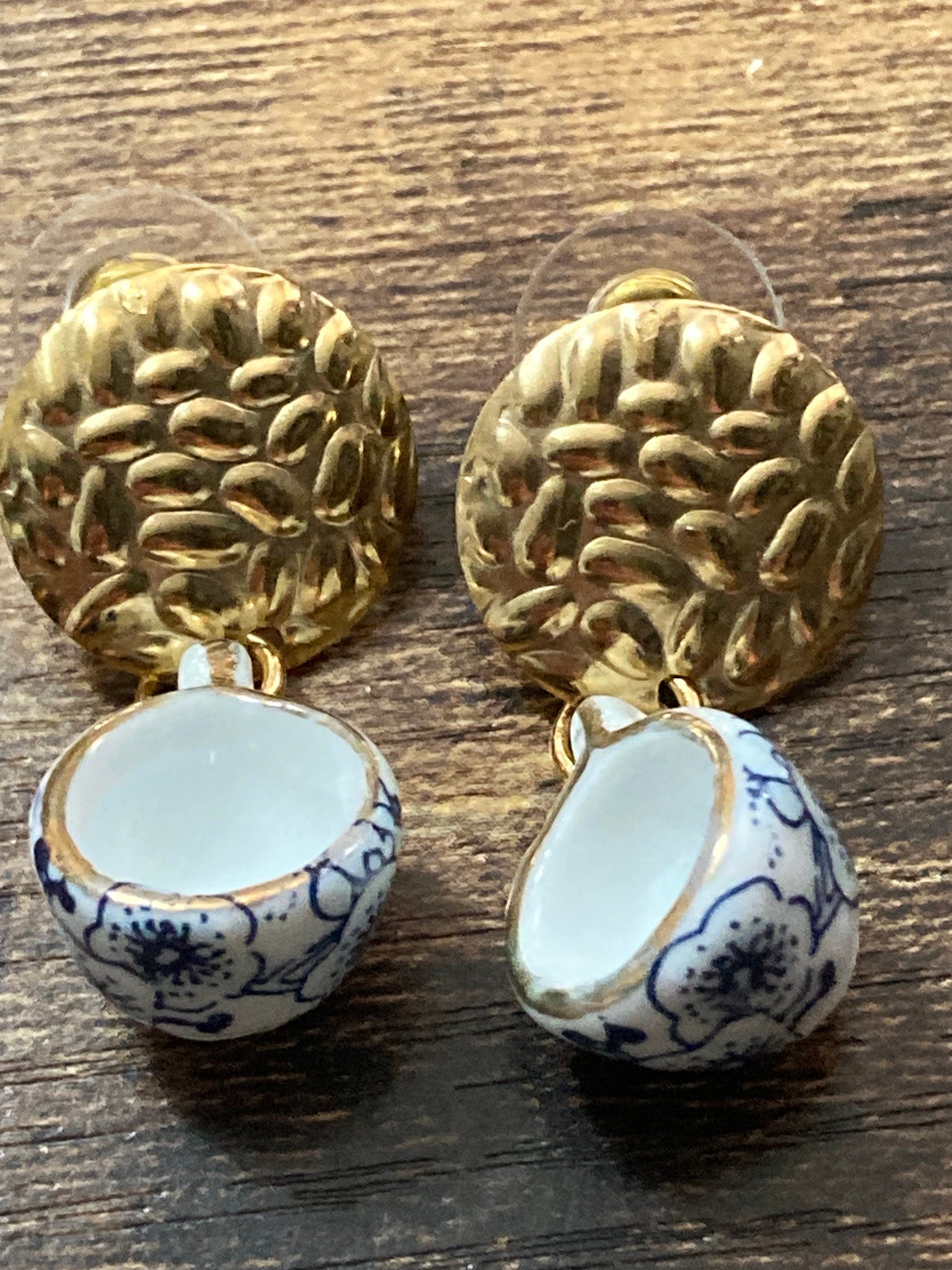 White ceramic blue Japanese Amari style floral tea Cup earrings vintage tea party gold tone