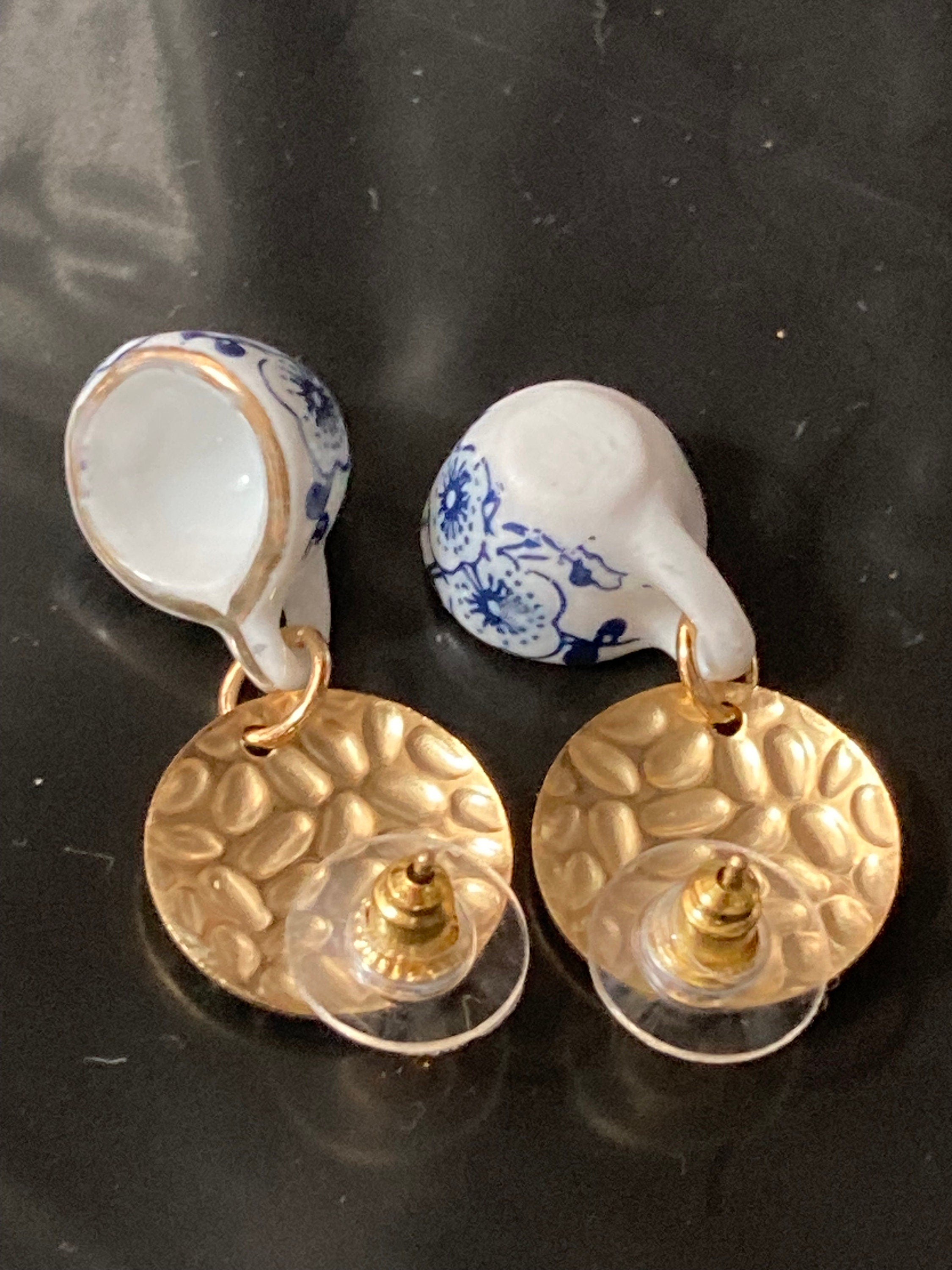 White ceramic blue Japanese Amari style floral tea Cup earrings vintage tea party gold tone