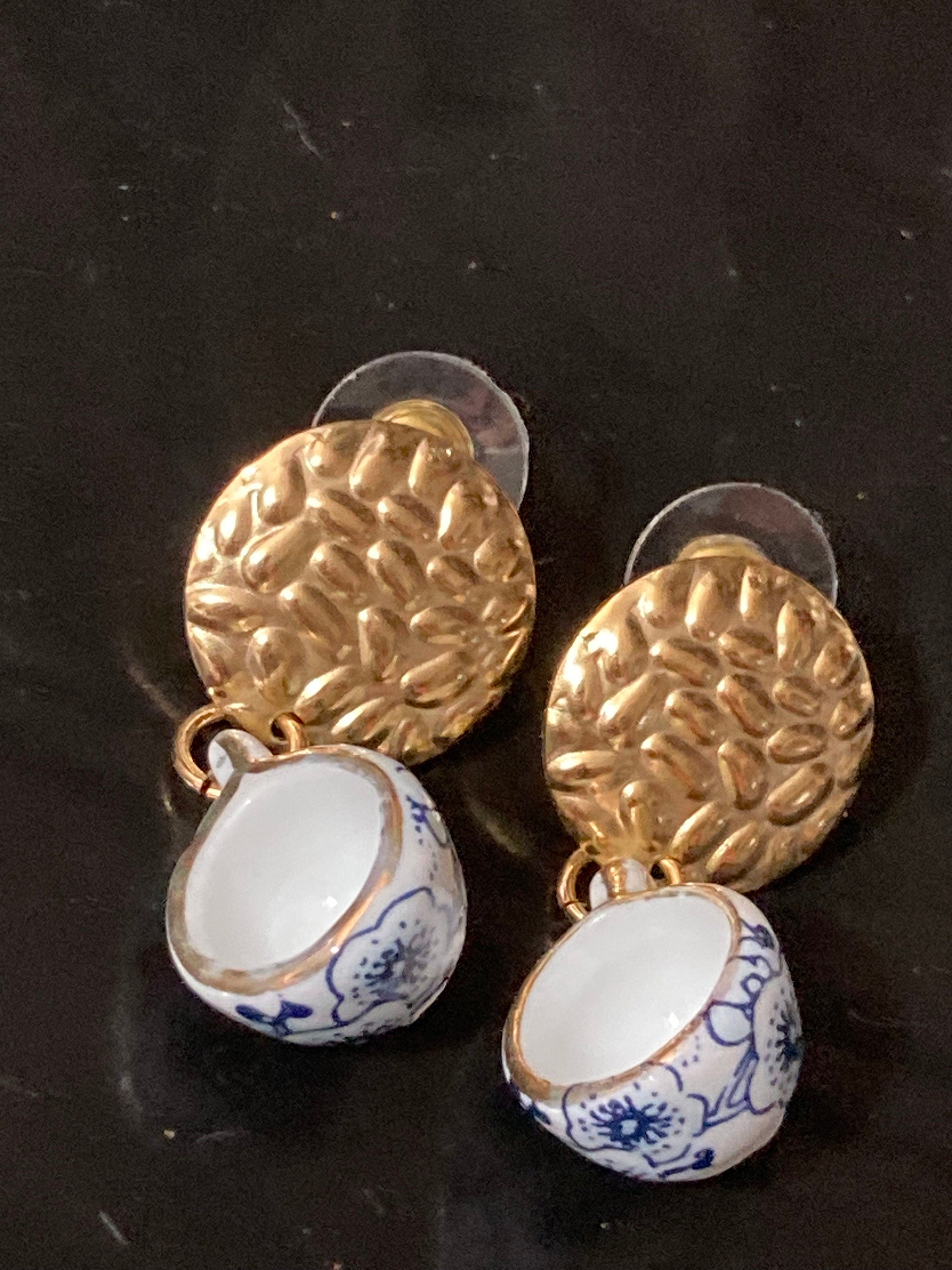 White ceramic blue Japanese Amari style floral tea Cup earrings vintage tea party gold tone