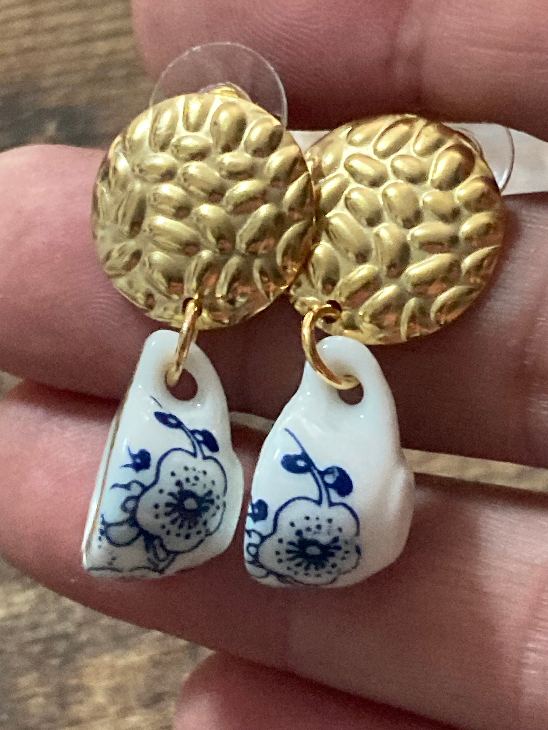 White ceramic blue Japanese Amari style floral tea Cup earrings vintage tea party gold tone