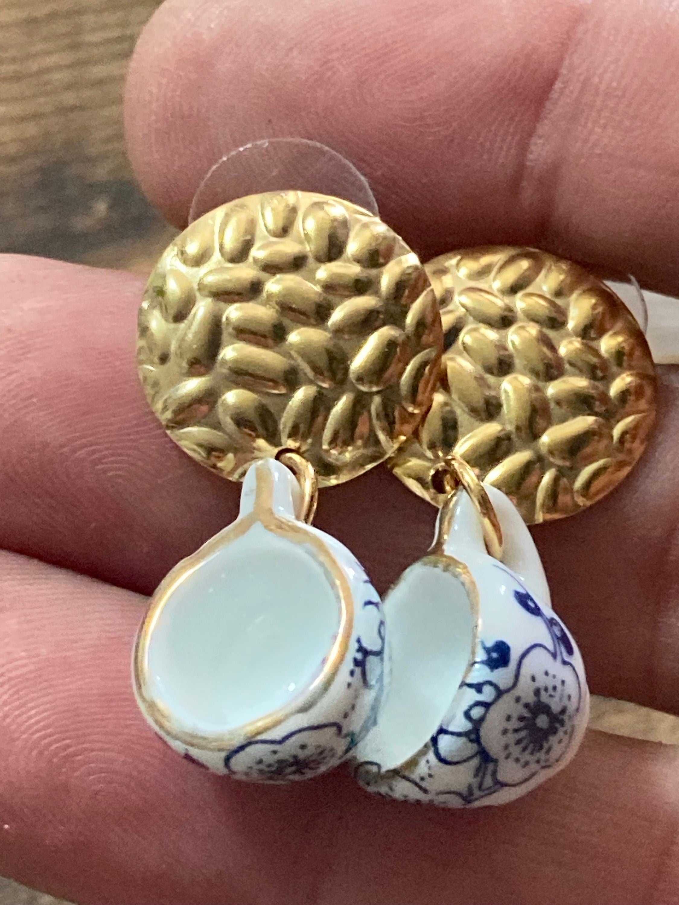 White ceramic blue Japanese Amari style floral tea Cup earrings vintage tea party gold tone