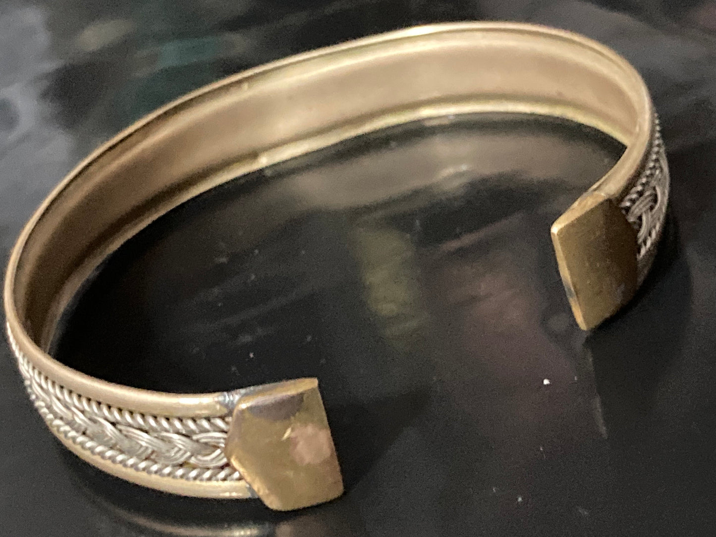 Antique Eastern Embossed Copper brass & silver tone bangle bracelet