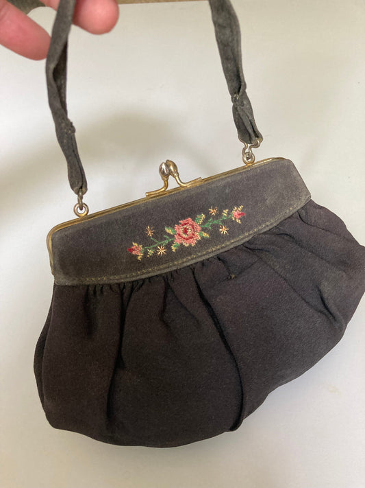 Vintage black crepe Evening Bag Purse with floral petit point embroidery mid century