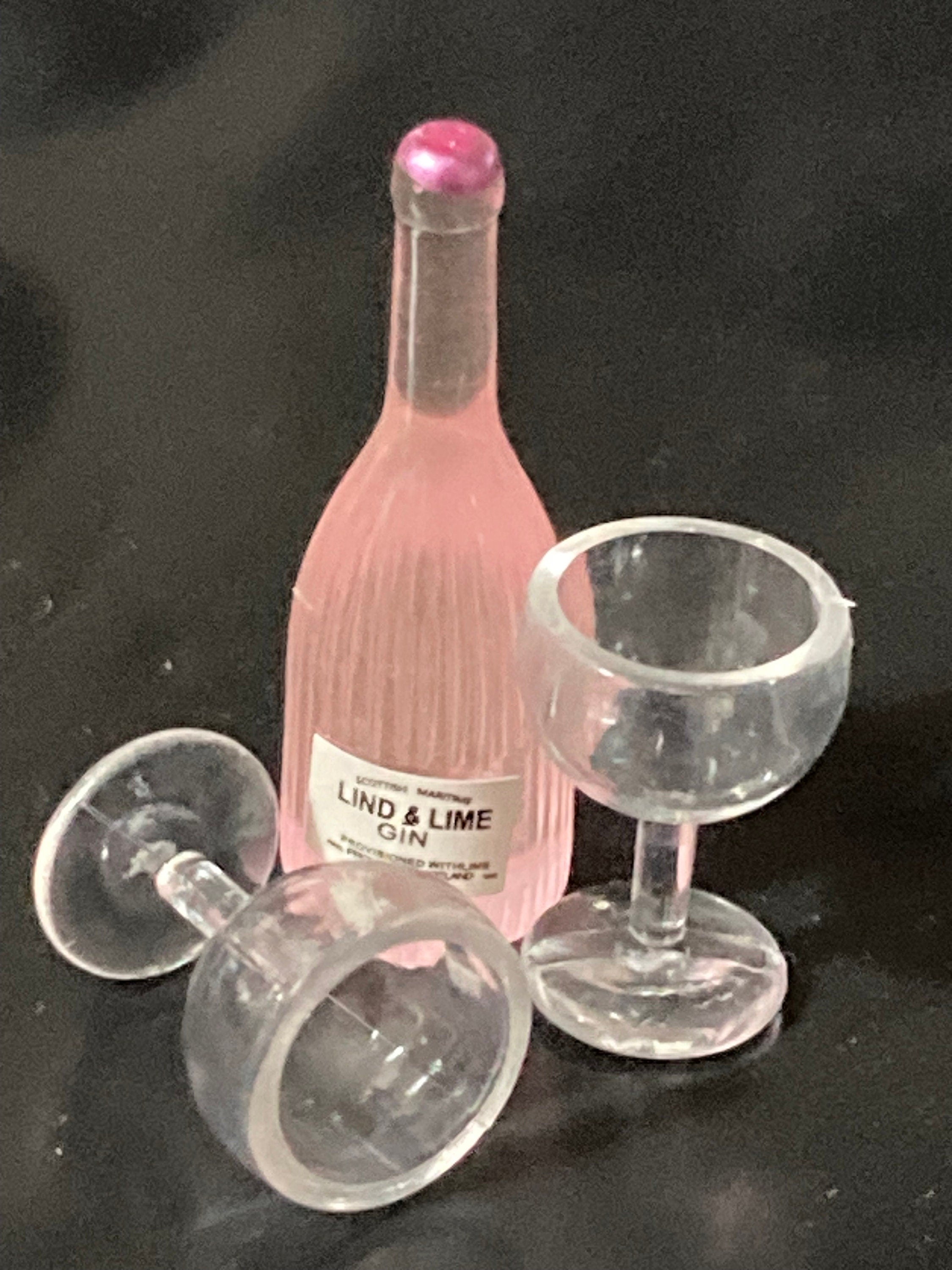 Miniature pink gin bottle and two glasses cake topper dollhouses naughty elf prop