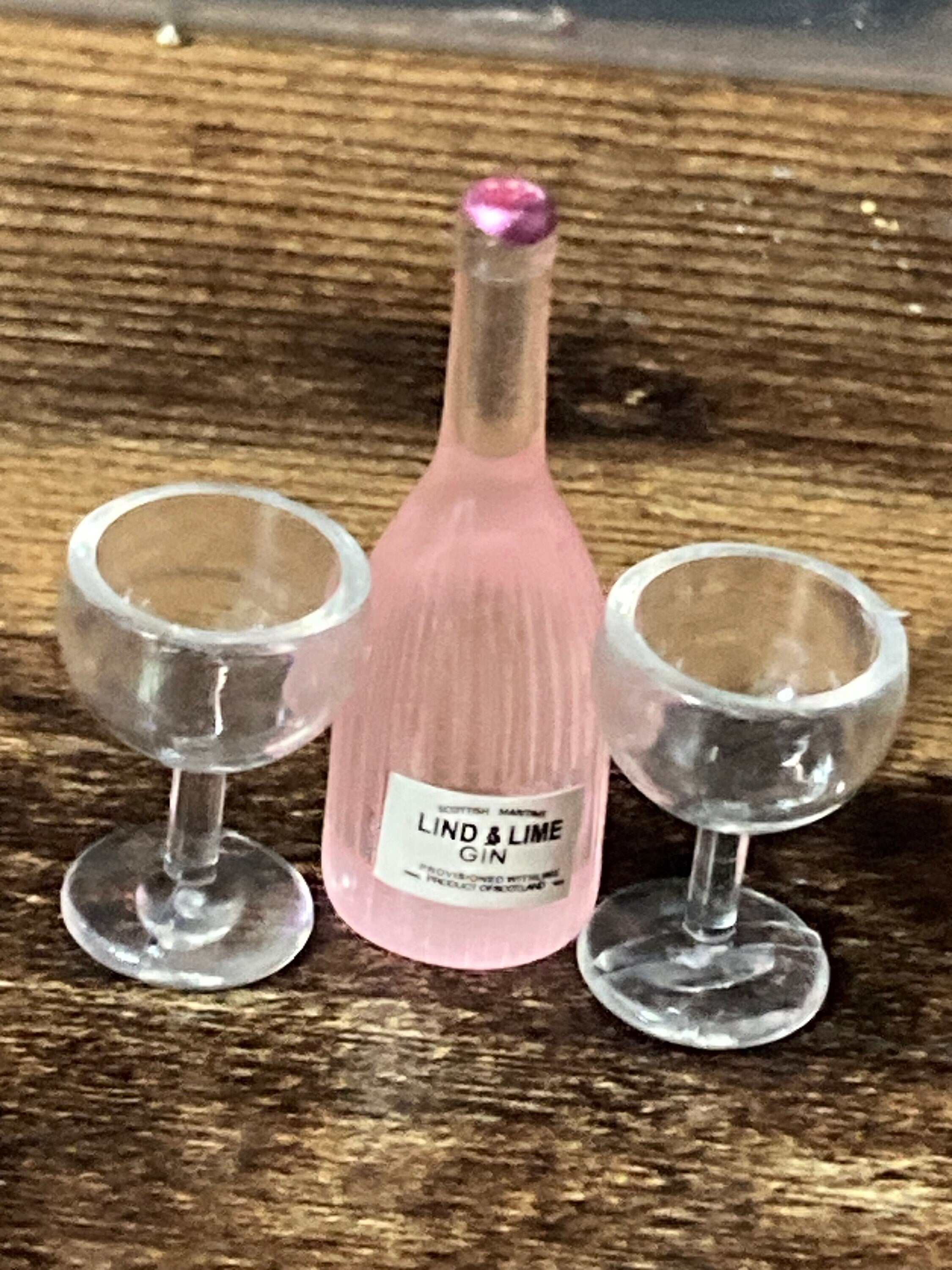 Miniature pink gin bottle and two glasses cake topper dollhouses naughty elf prop