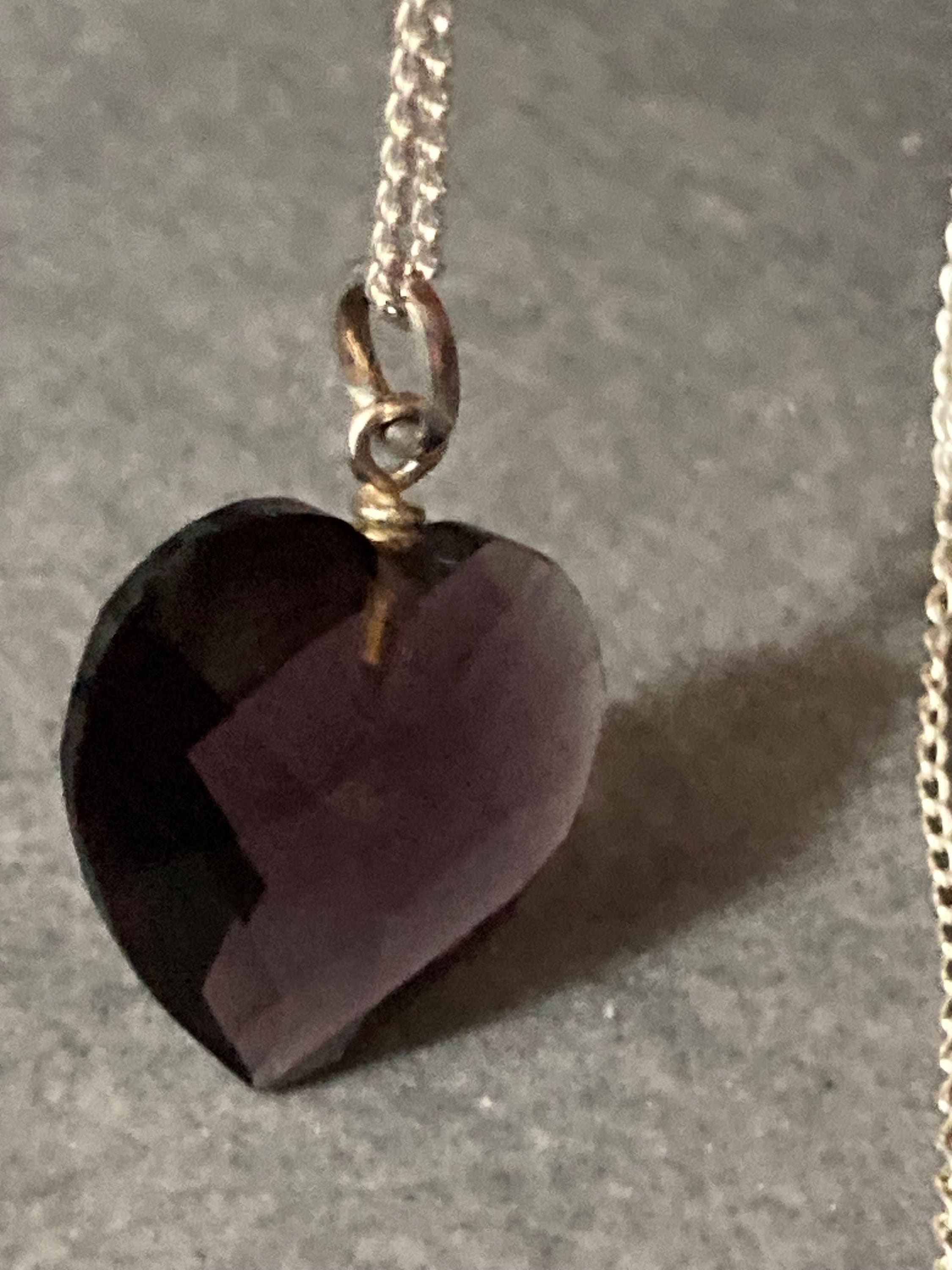 Purple amethyst faceted cut LOVE HEART gemstone pendant sterling 925 silver on 46cm fine chain