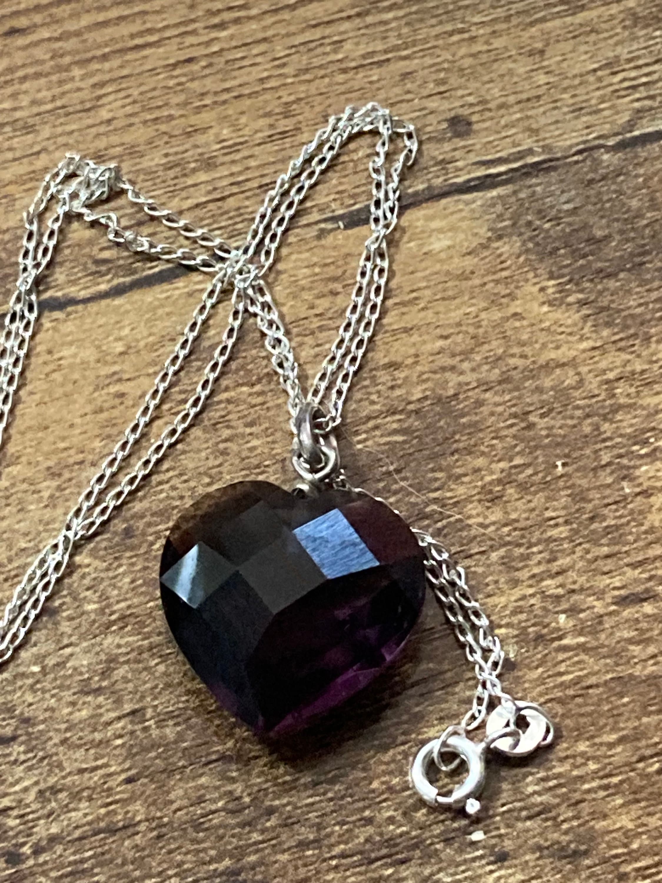 Purple amethyst faceted cut LOVE HEART gemstone pendant sterling 925 silver on 46cm fine chain