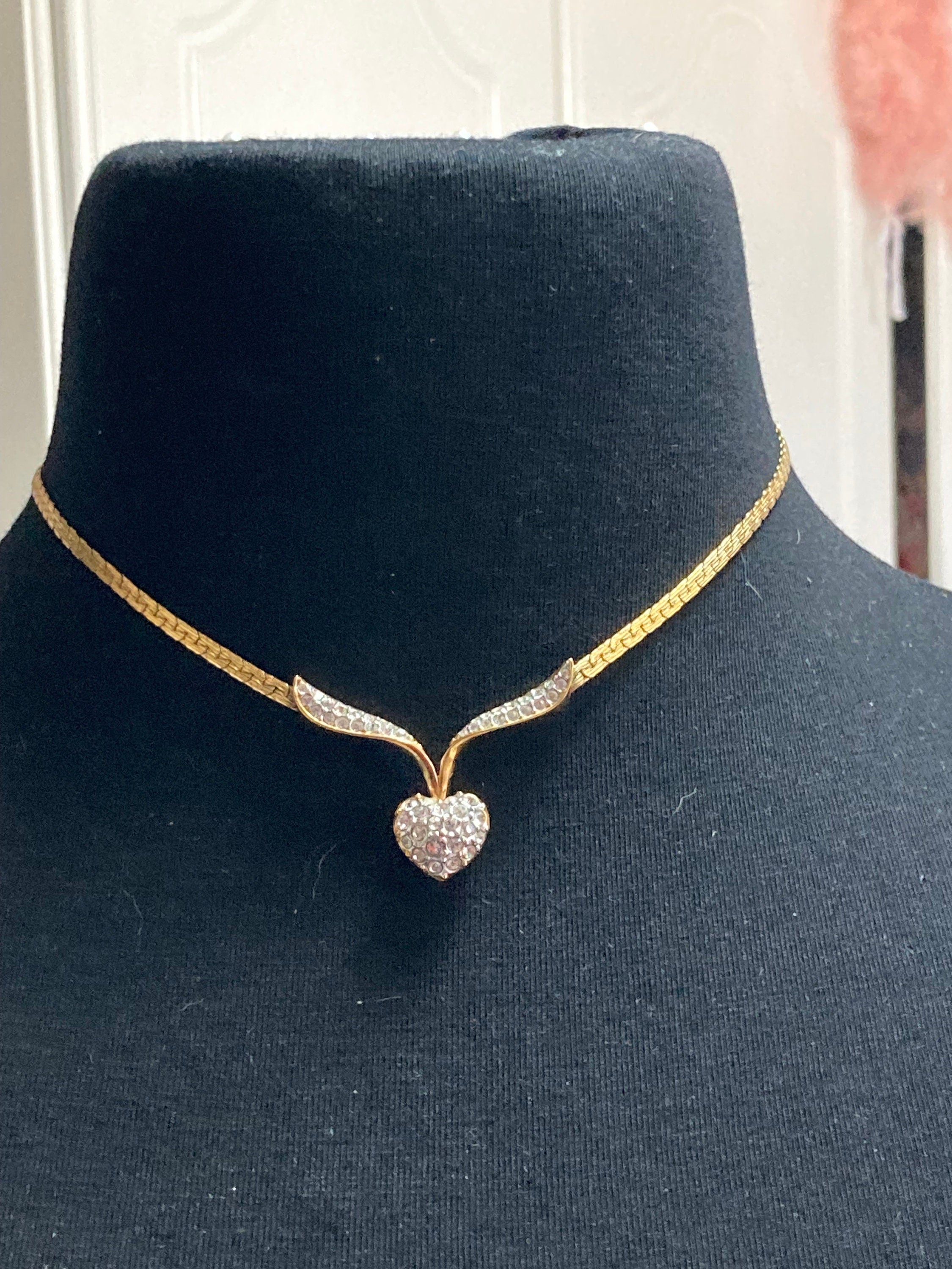 Signed A&S Attwood and Sawyer diamanté rhinestone clear crystal heart necklace gold tone