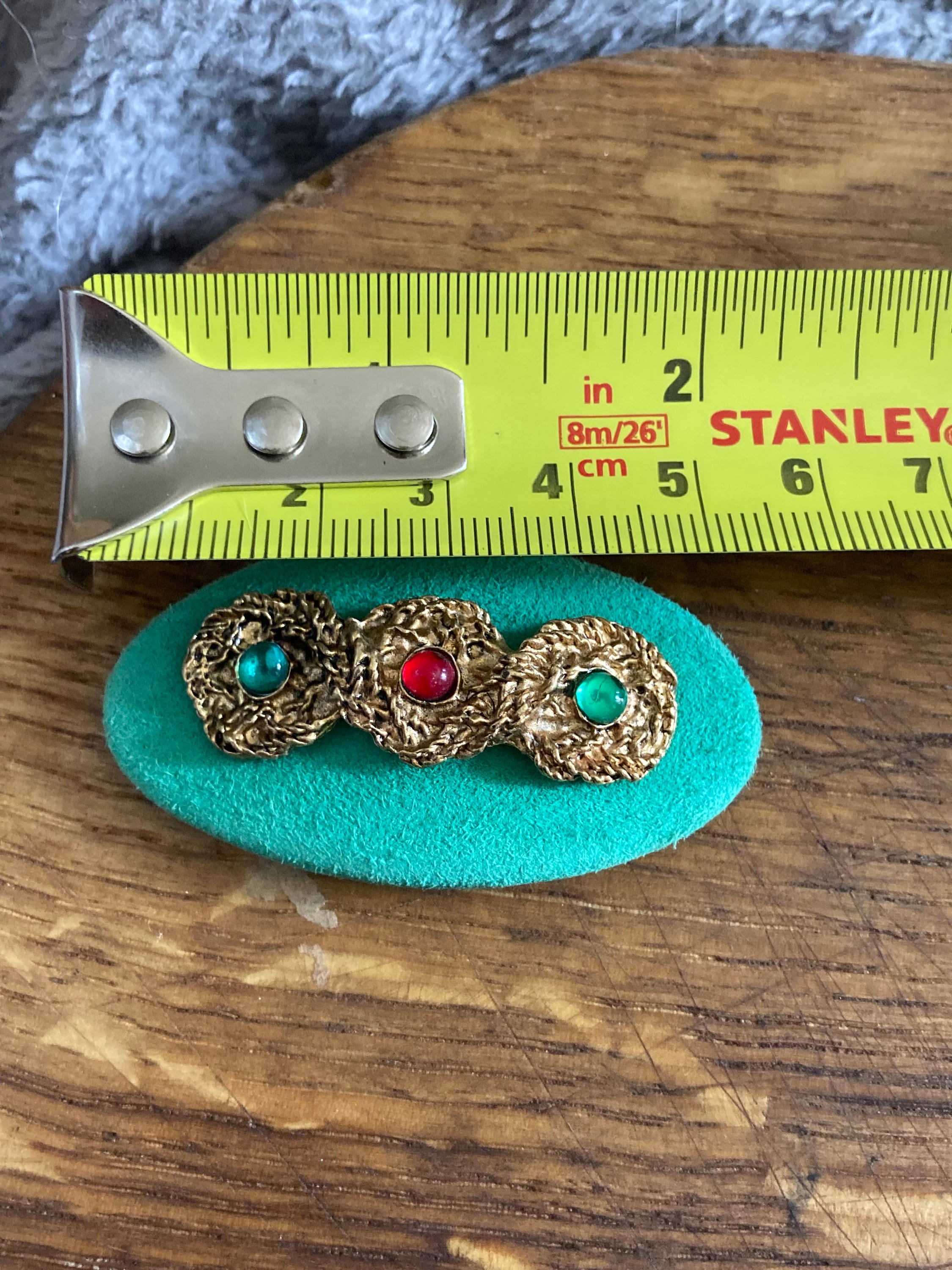 Vintage High end pair of green suede leather gripoix red beaded gold braided shoe clips