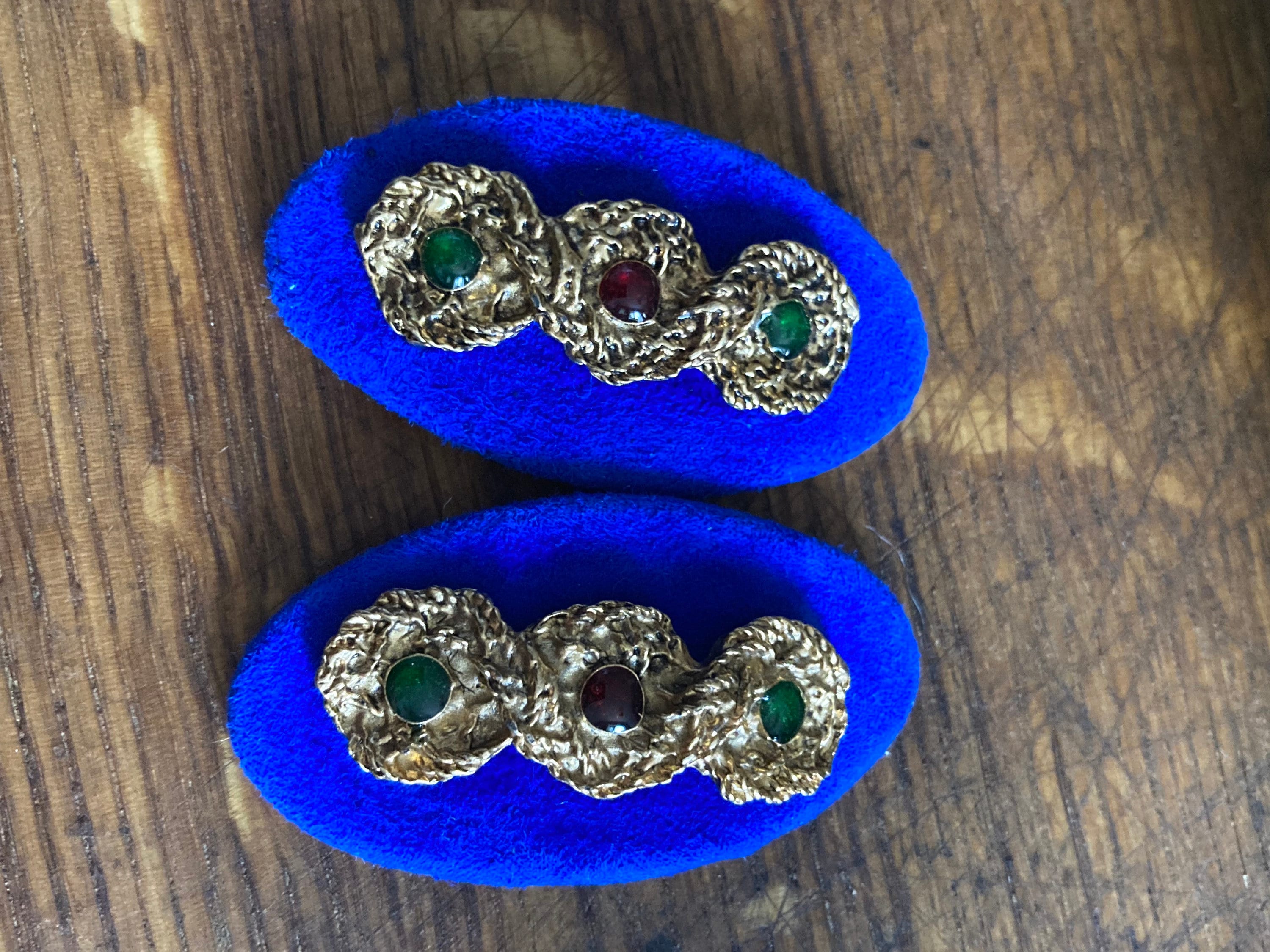 Vintage High end pair of bright blue suede leather gripoix green red beaded gold braided shoe clips