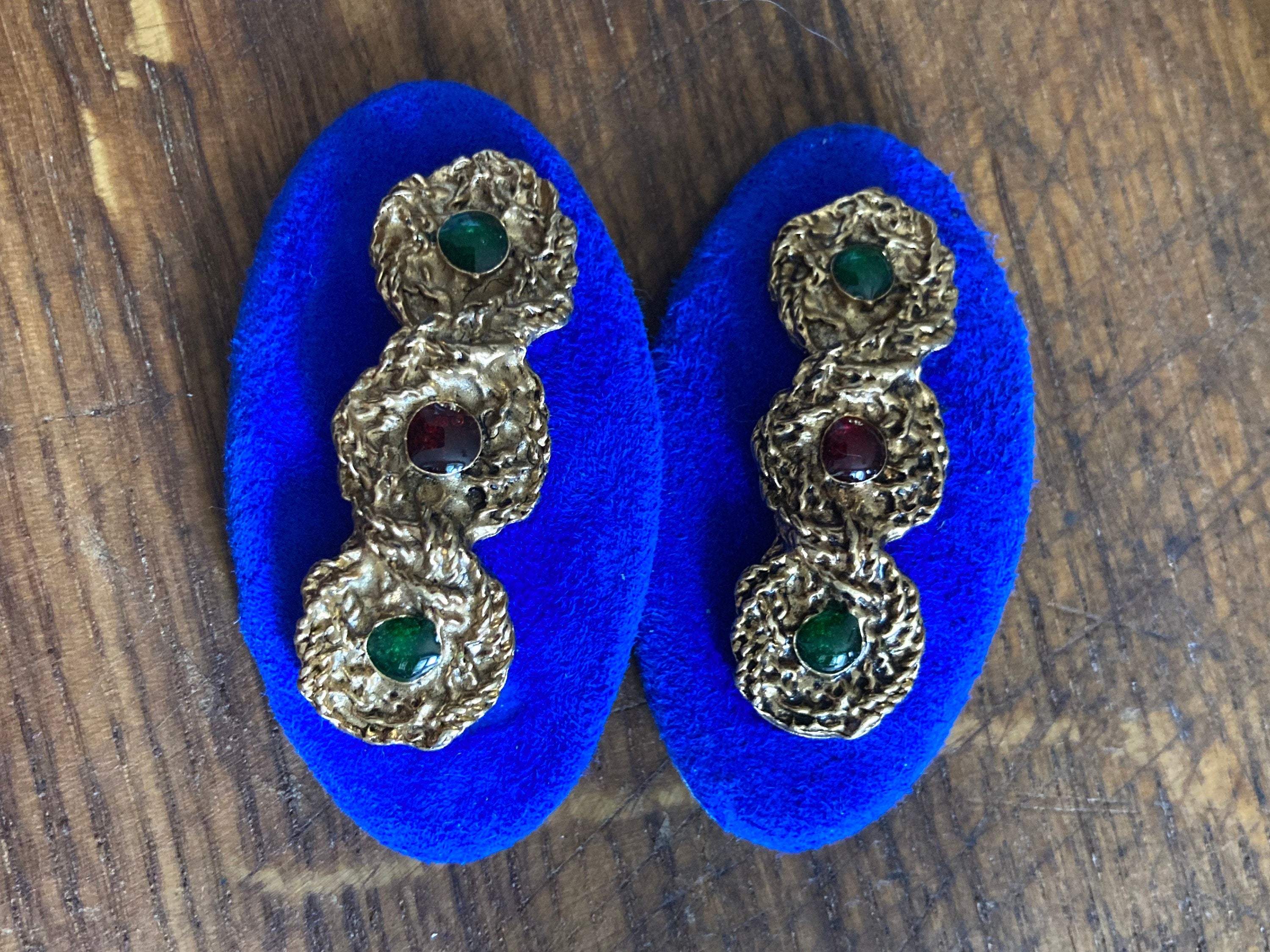 Vintage High end pair of bright blue suede leather gripoix green red beaded gold braided shoe clips