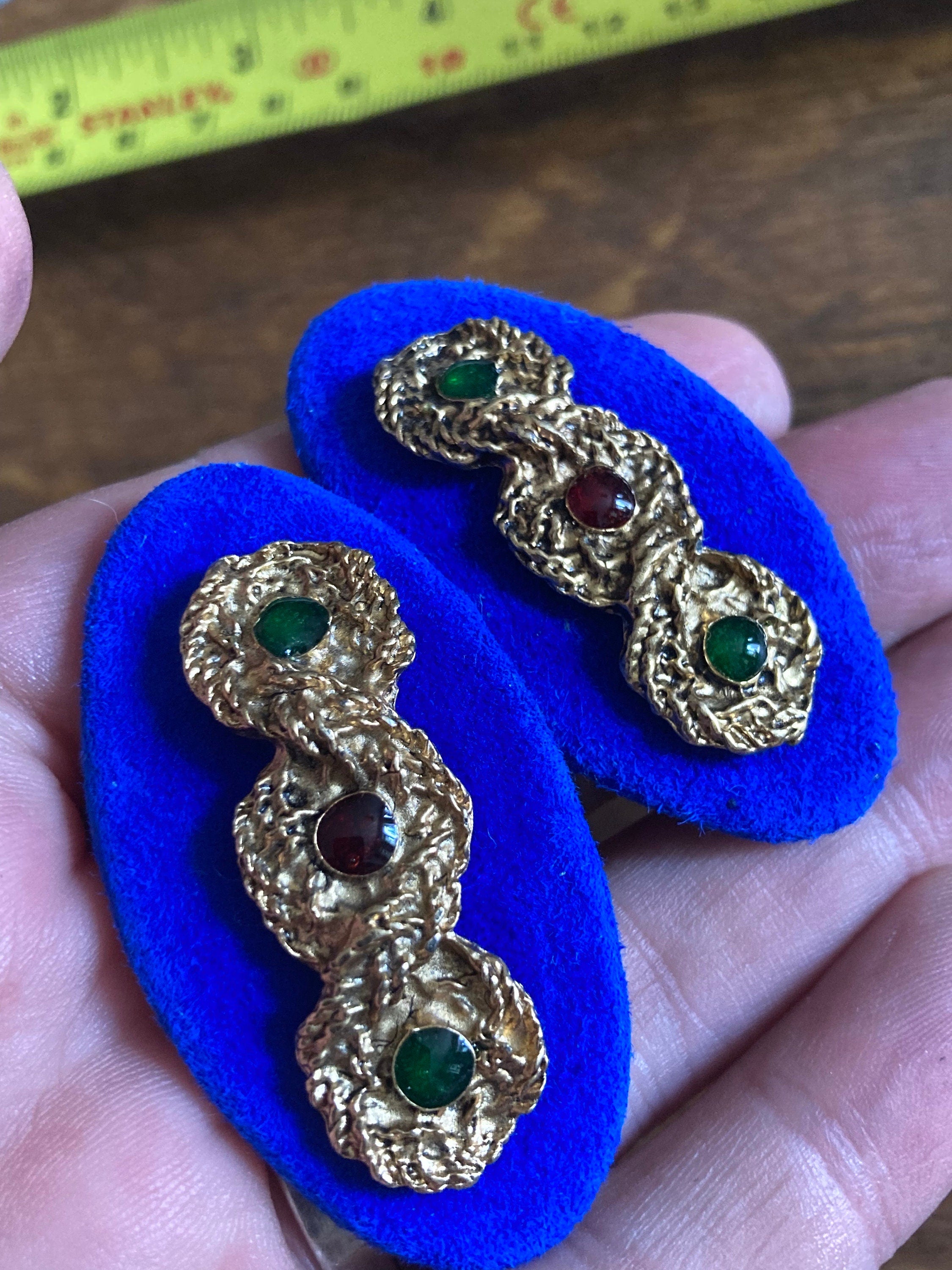 Vintage High end pair of bright blue suede leather gripoix green red beaded gold braided shoe clips