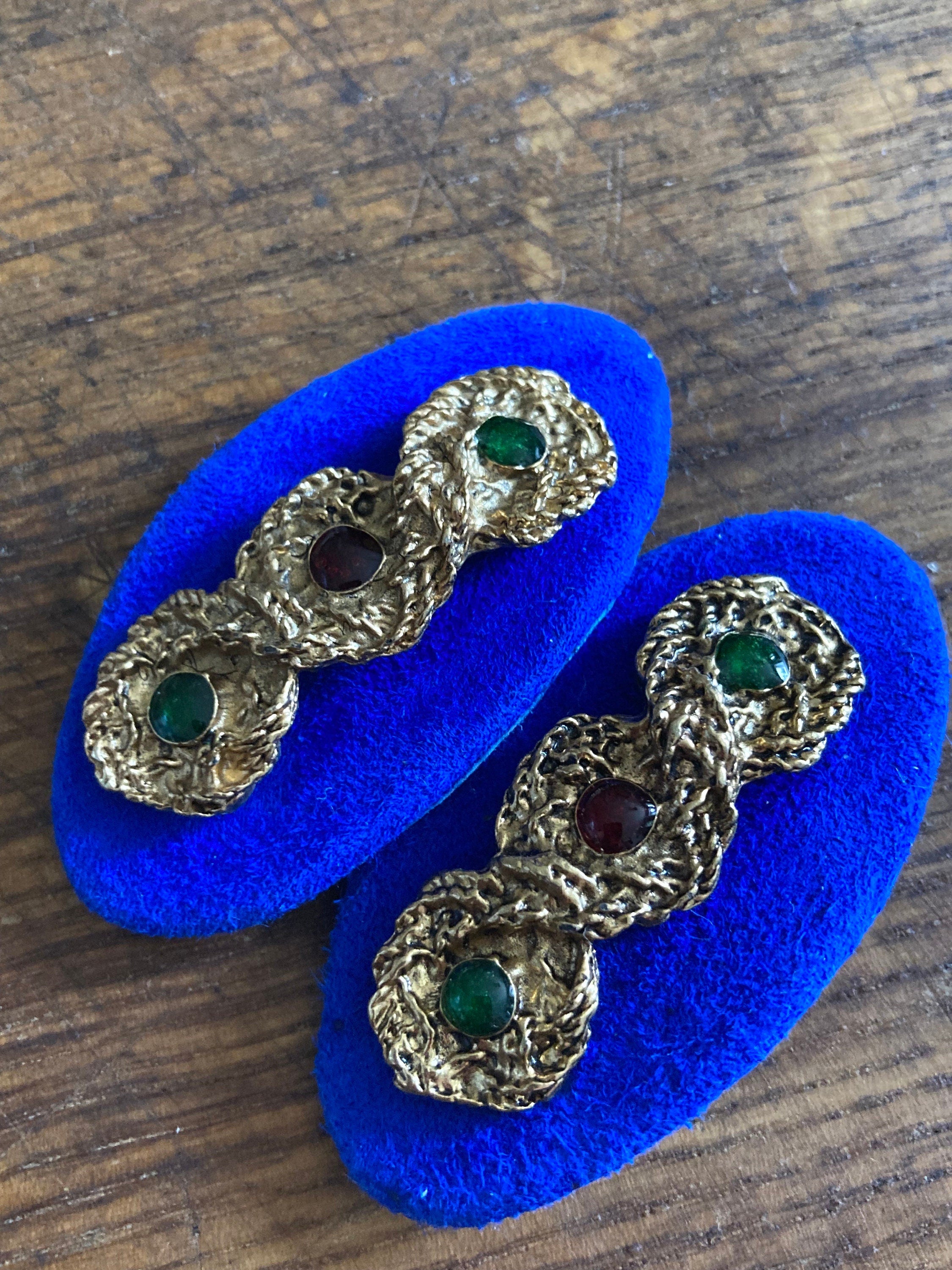 Vintage High end pair of bright blue suede leather gripoix green red beaded gold braided shoe clips