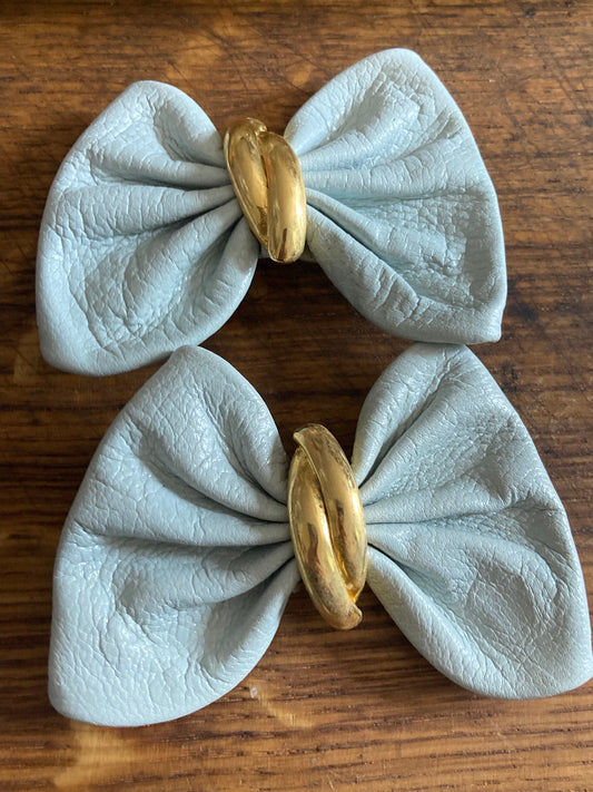 Vintage pair of duck egg blue light grey leather BOW shoe clips with gold detail