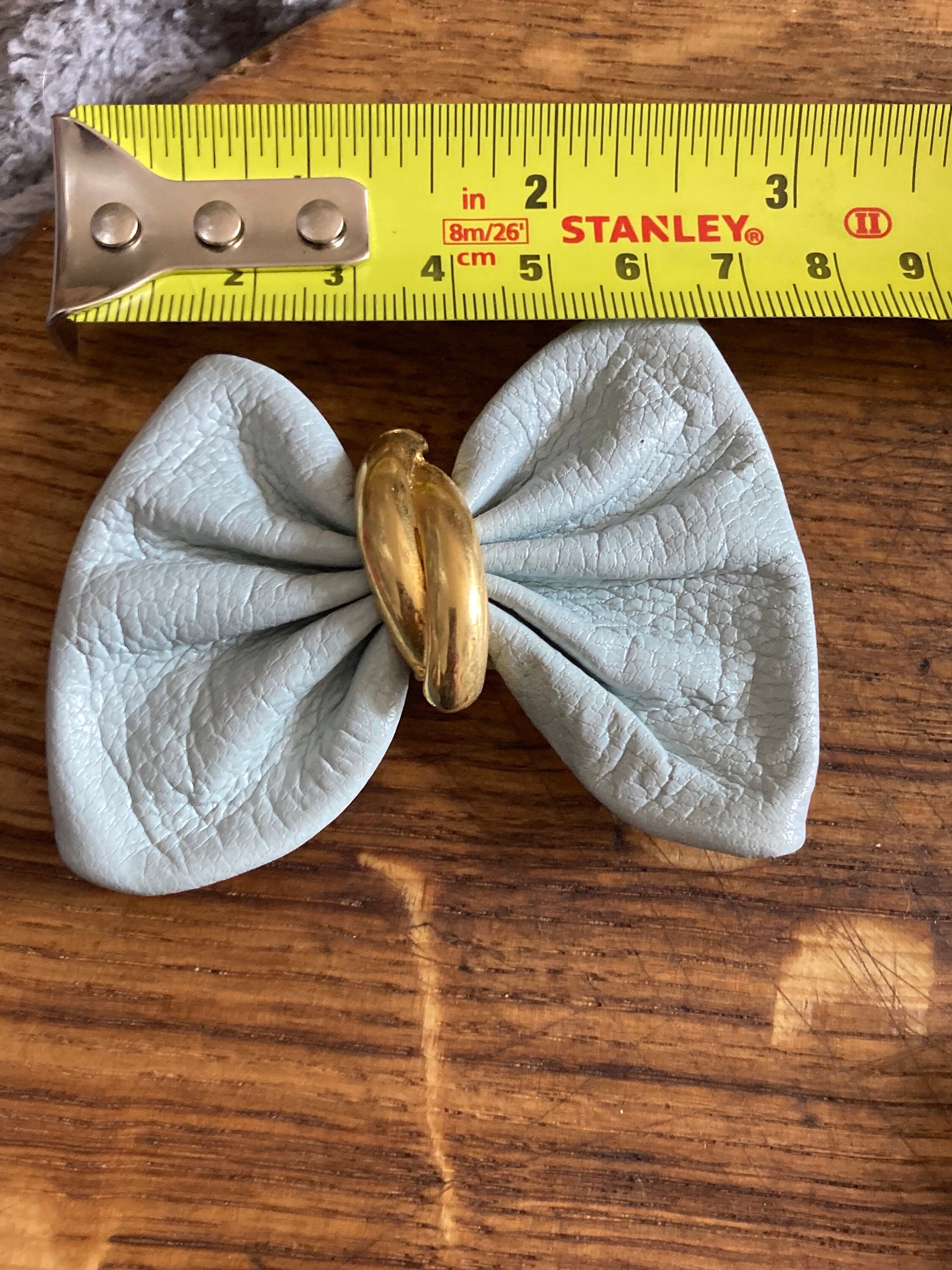 Vintage pair of duck egg blue light grey leather BOW shoe clips with gold detail