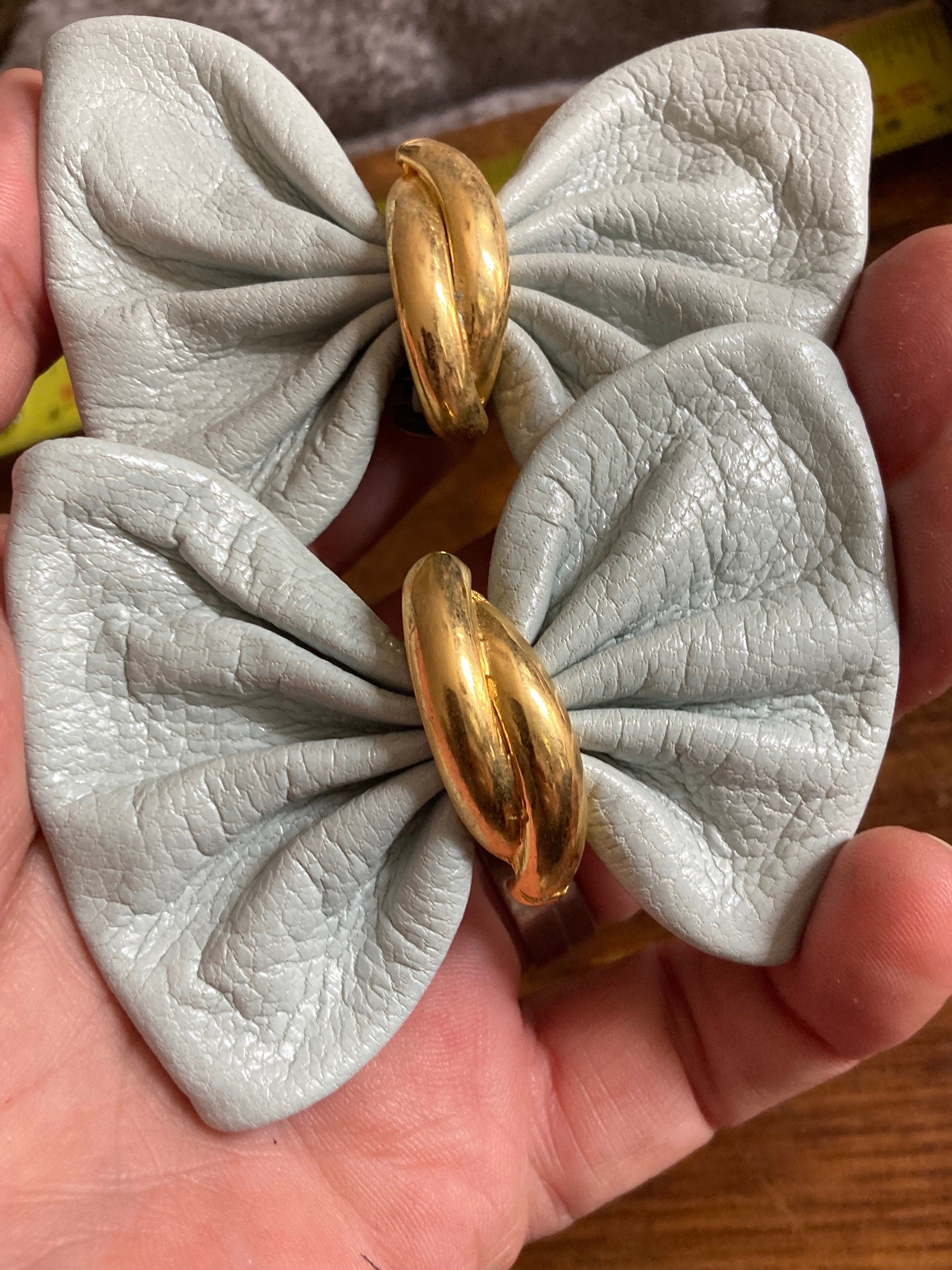 Vintage pair of duck egg blue light grey leather BOW shoe clips with gold detail