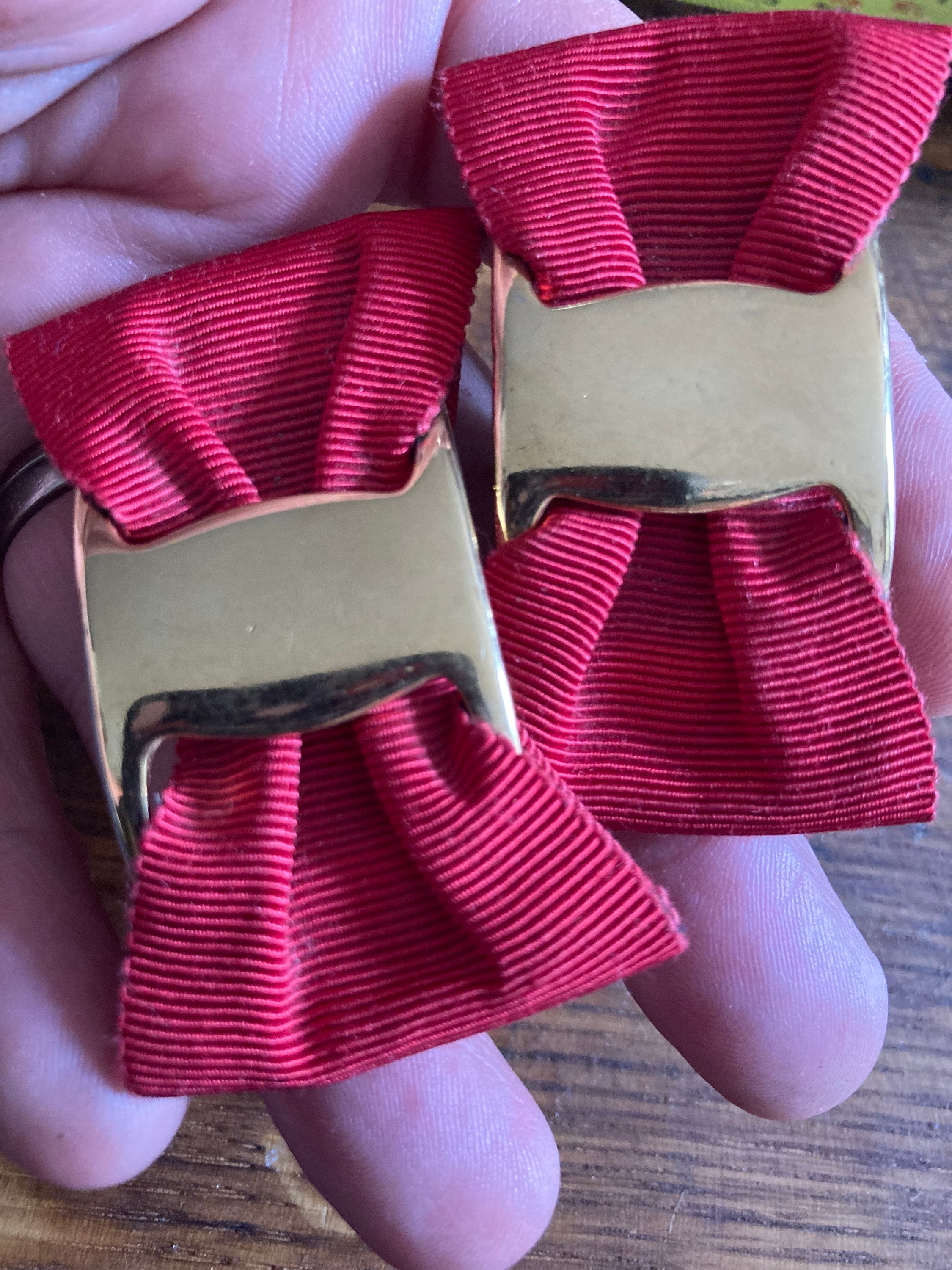 Vintage pair of bright red and gold GROSGRAIN ribbon BOW shoe clips