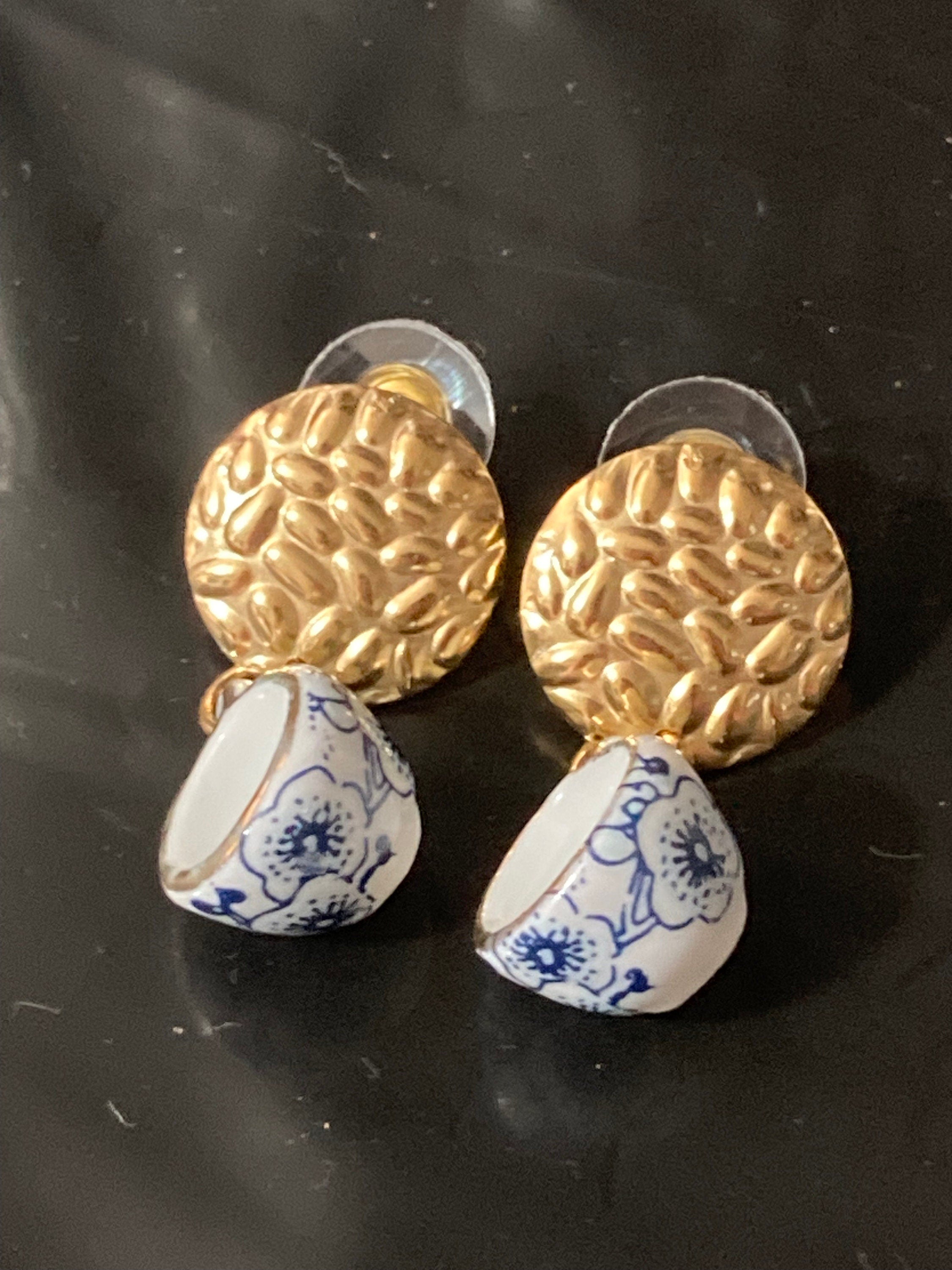 White ceramic blue Japanese Amari style floral tea Cup earrings vintage tea party gold tone