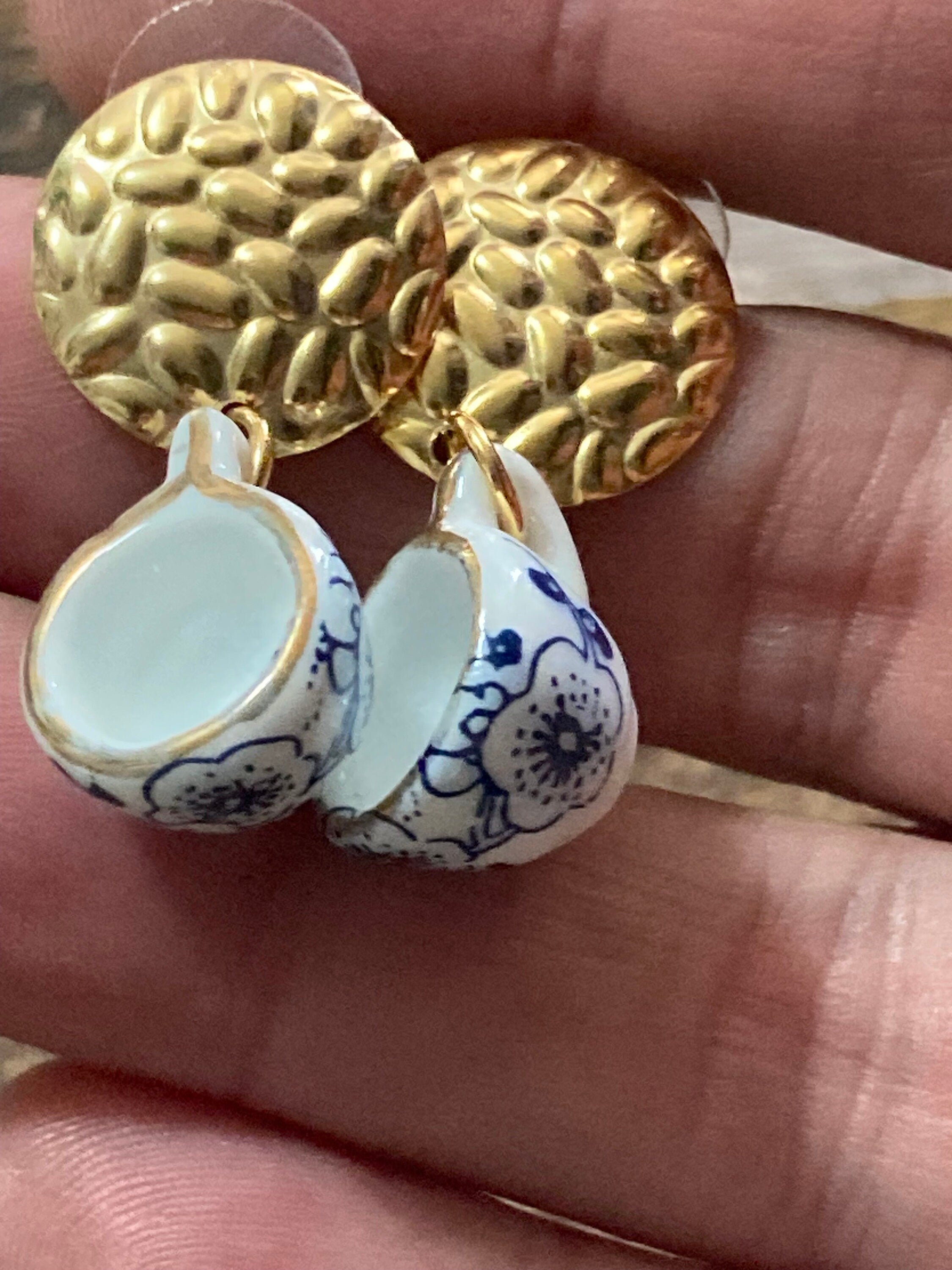 White ceramic blue Japanese Amari style floral tea Cup earrings vintage tea party gold tone