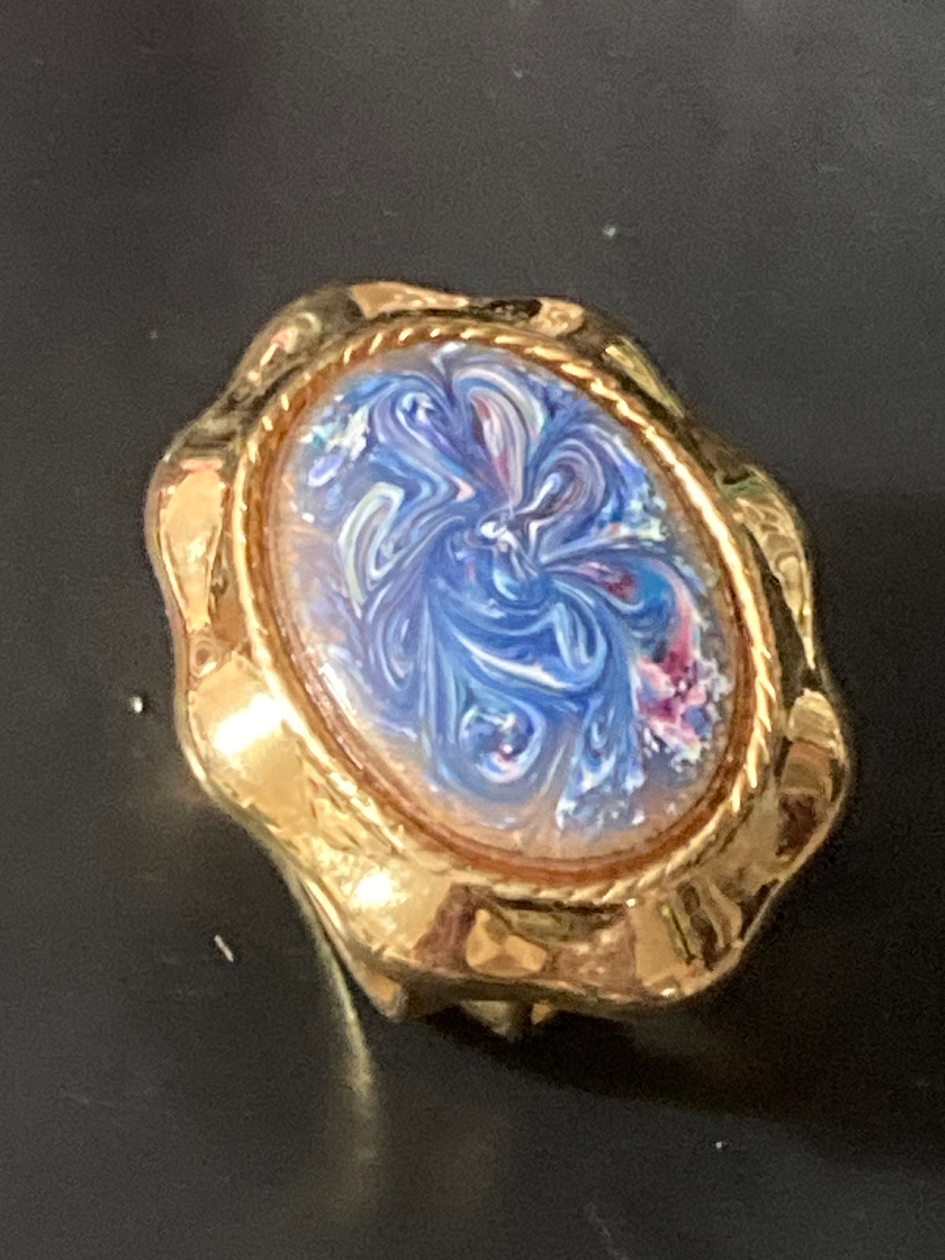 Scarf Ring with blue marbled ceramic cabochon gold tone