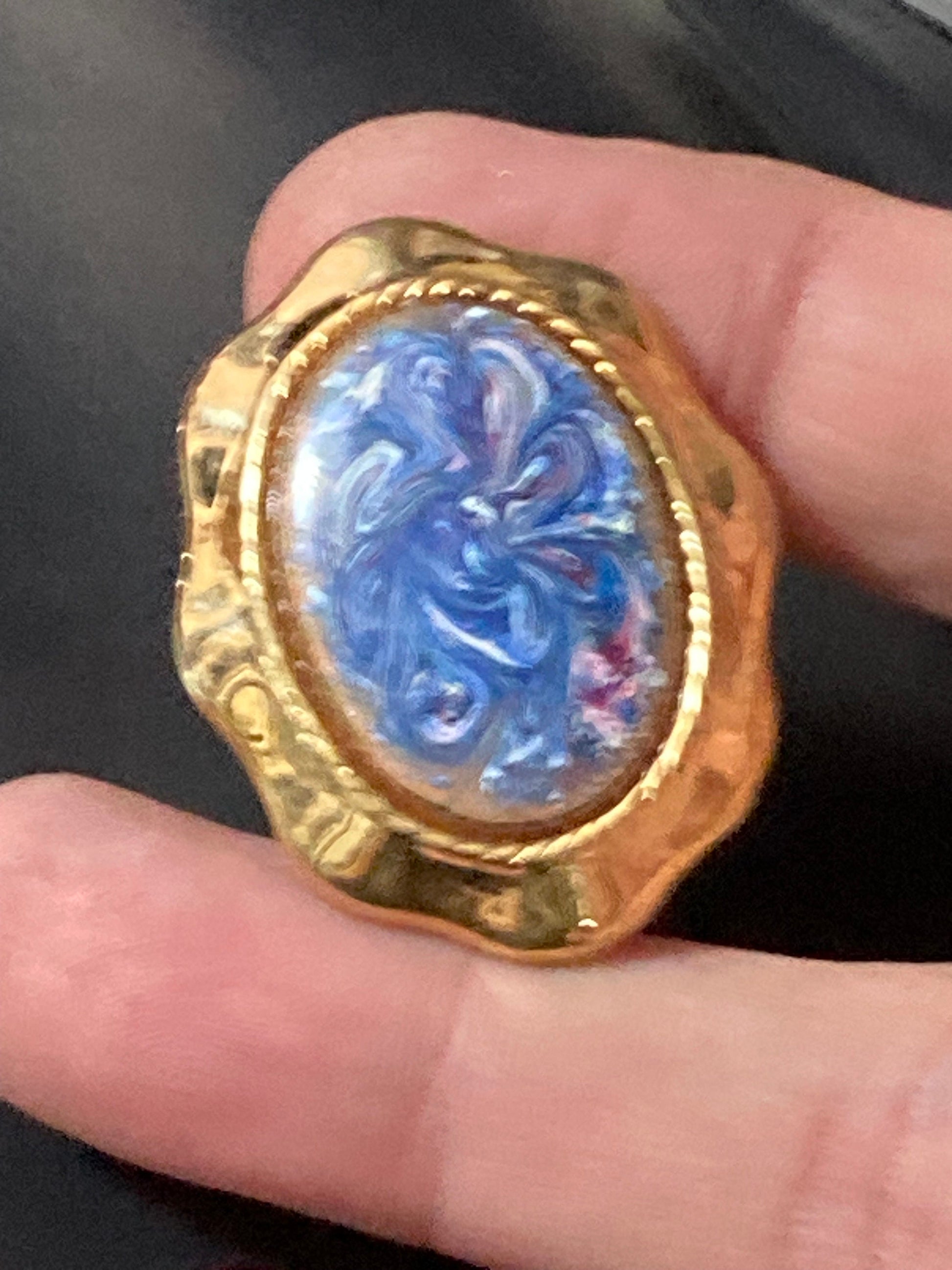 Scarf Ring with blue marbled ceramic cabochon gold tone