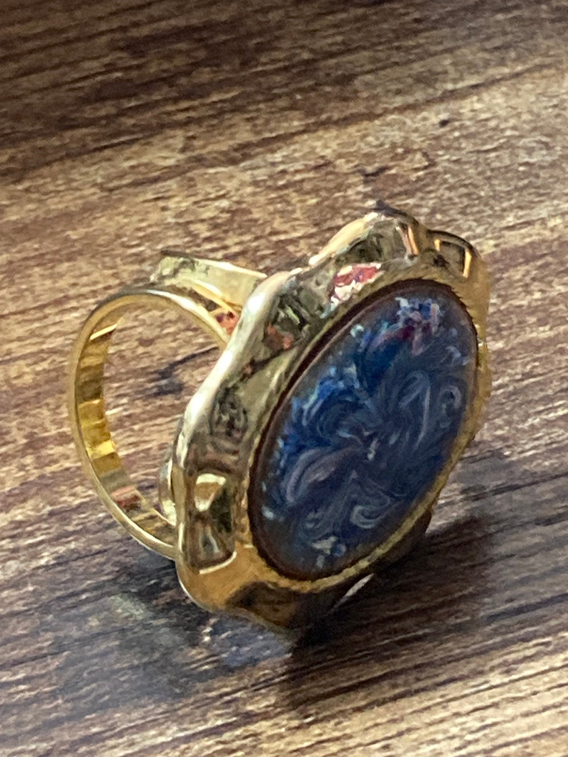 Scarf Ring with blue marbled ceramic cabochon gold tone