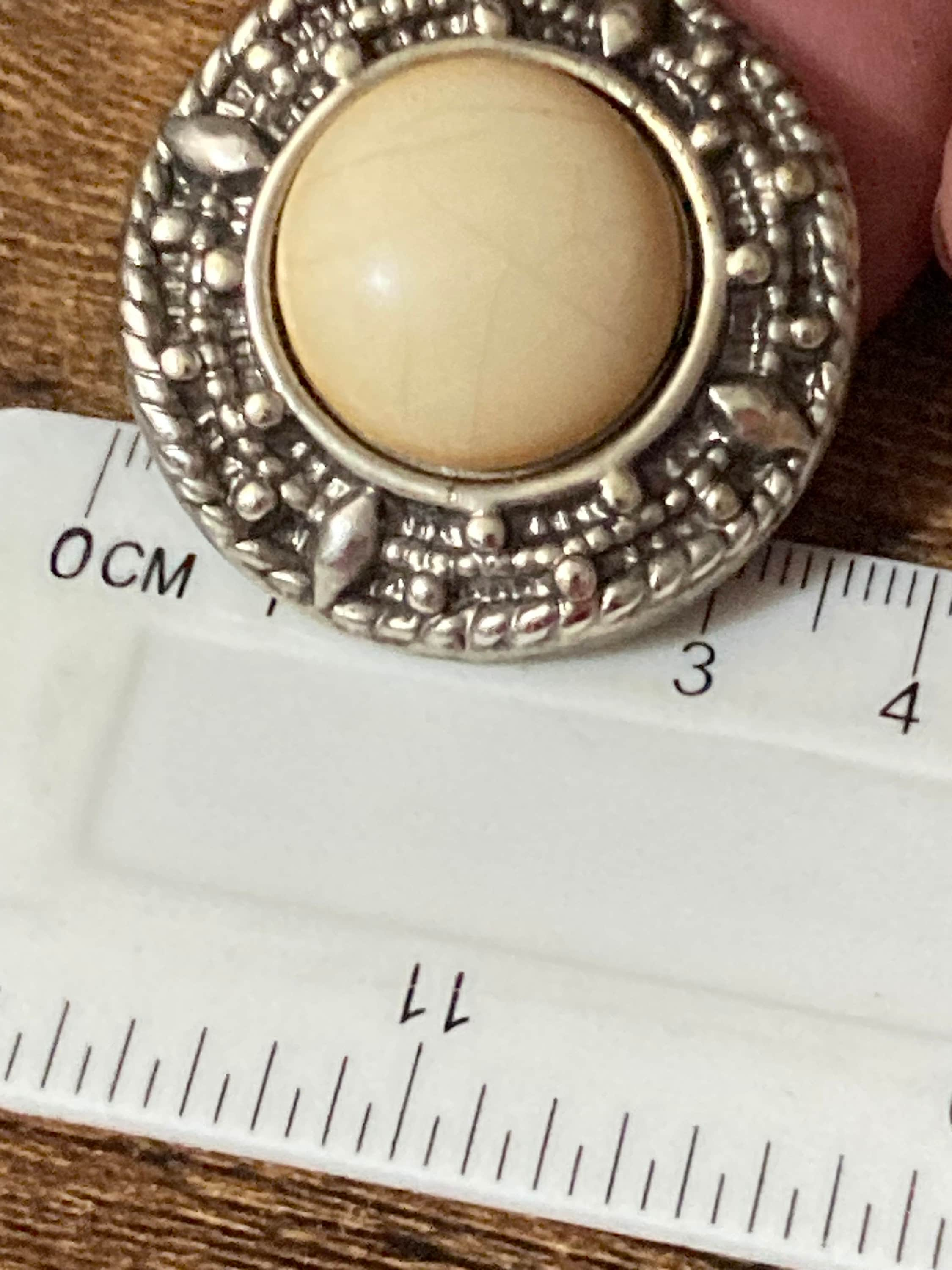 Vintage oversized silver tone beige neutral cabochon large button clip on earrings lightweight plastic 3.5cm