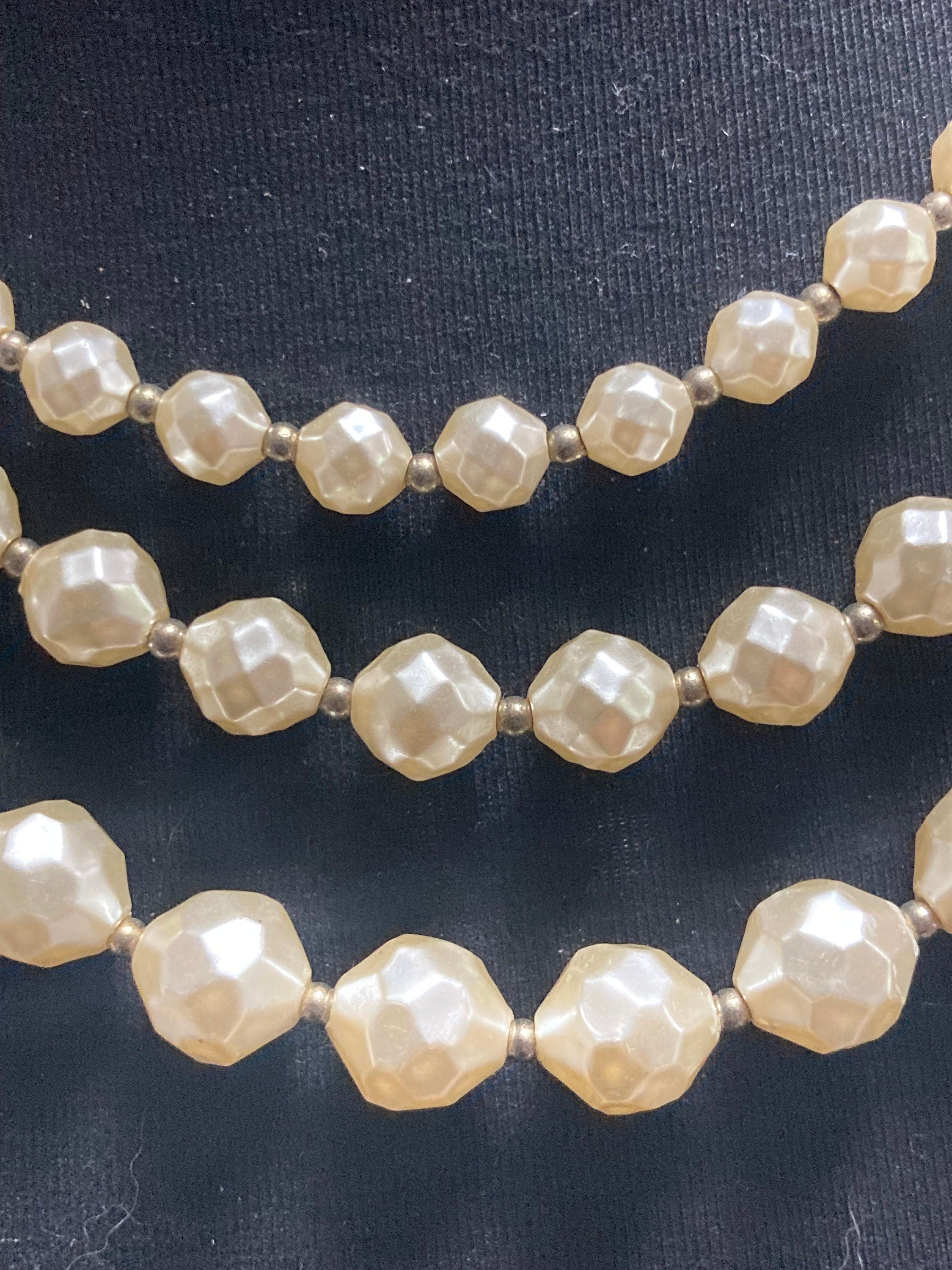 Vintage retro faux plastic cream pearl triple strand 3 row collar choker necklace 1950s 1960s mid century modern